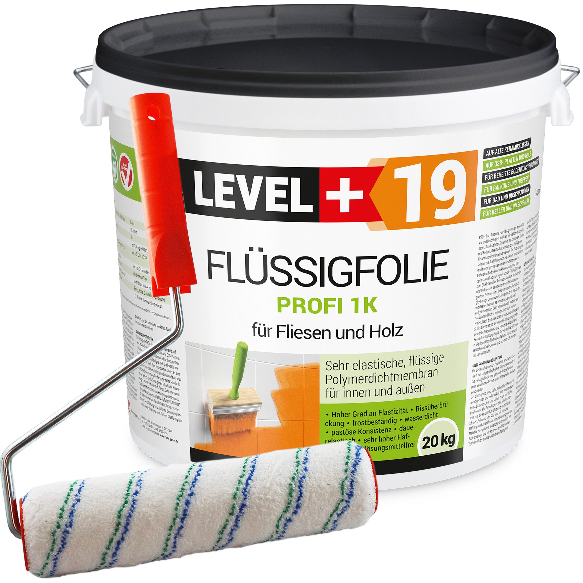 Level+ Dichtstoff Flüssigfolie Dichtfolie Abdichtung Fliesen L+19 - 20KG + Farbroller