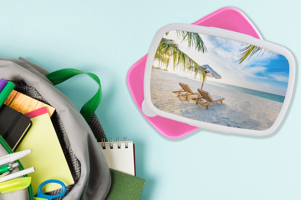 MuchoWow Lunchbox Strandkorb - Sonnenschirm Brotdose - Mädchen, rosa Snackbox, Kunststoff Erwachsene, (2-tlg), für Brotbox Kinder, Sonnenuntergang, Kunststoff
