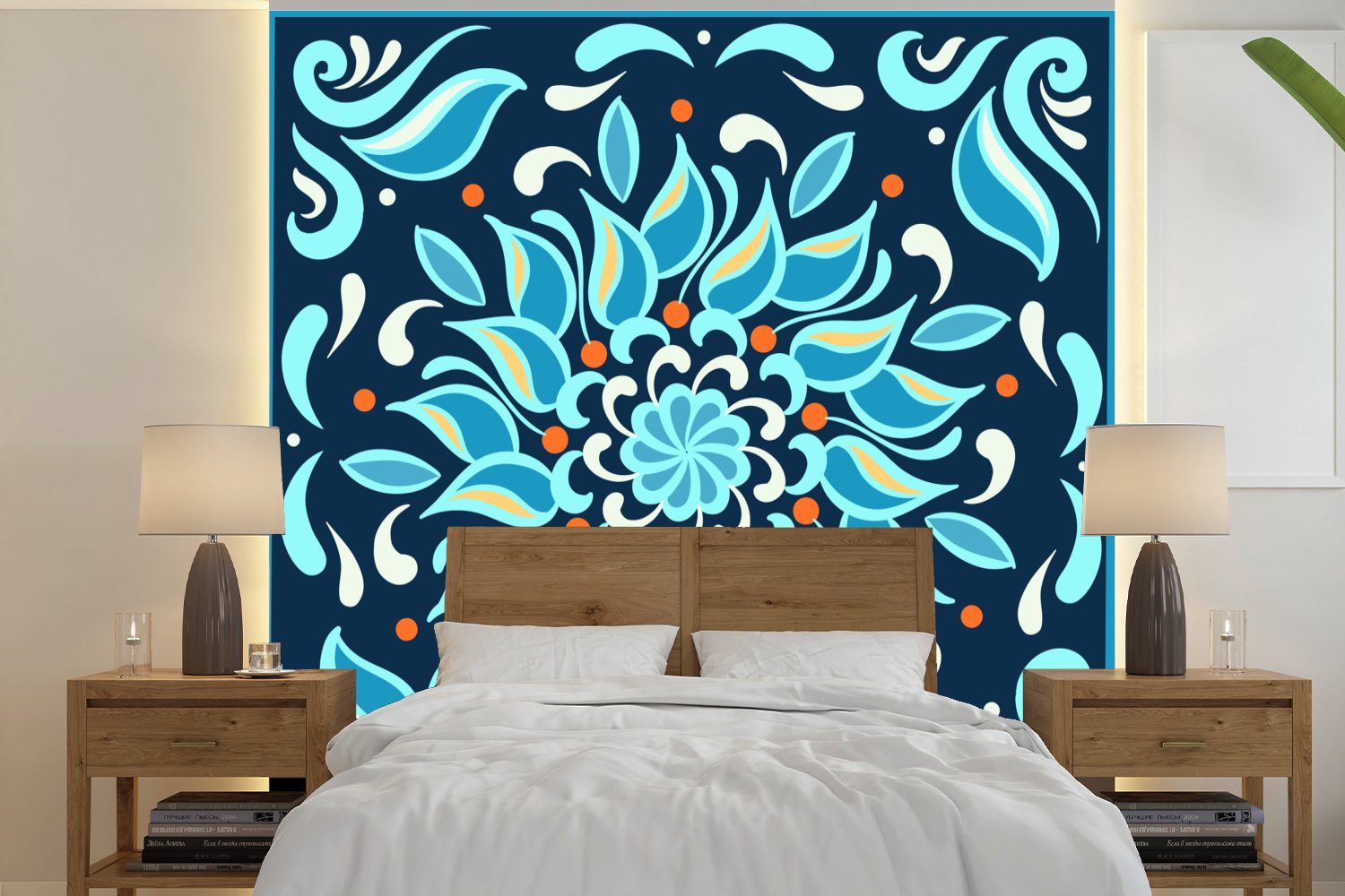 MuchoWow Fototapete Blume - Blau - Quadratisch - Muster, Matt, bedruckt, (5 St), Vinyl Tapete für Wohnzimmer oder Schlafzimmer, Wandtapete