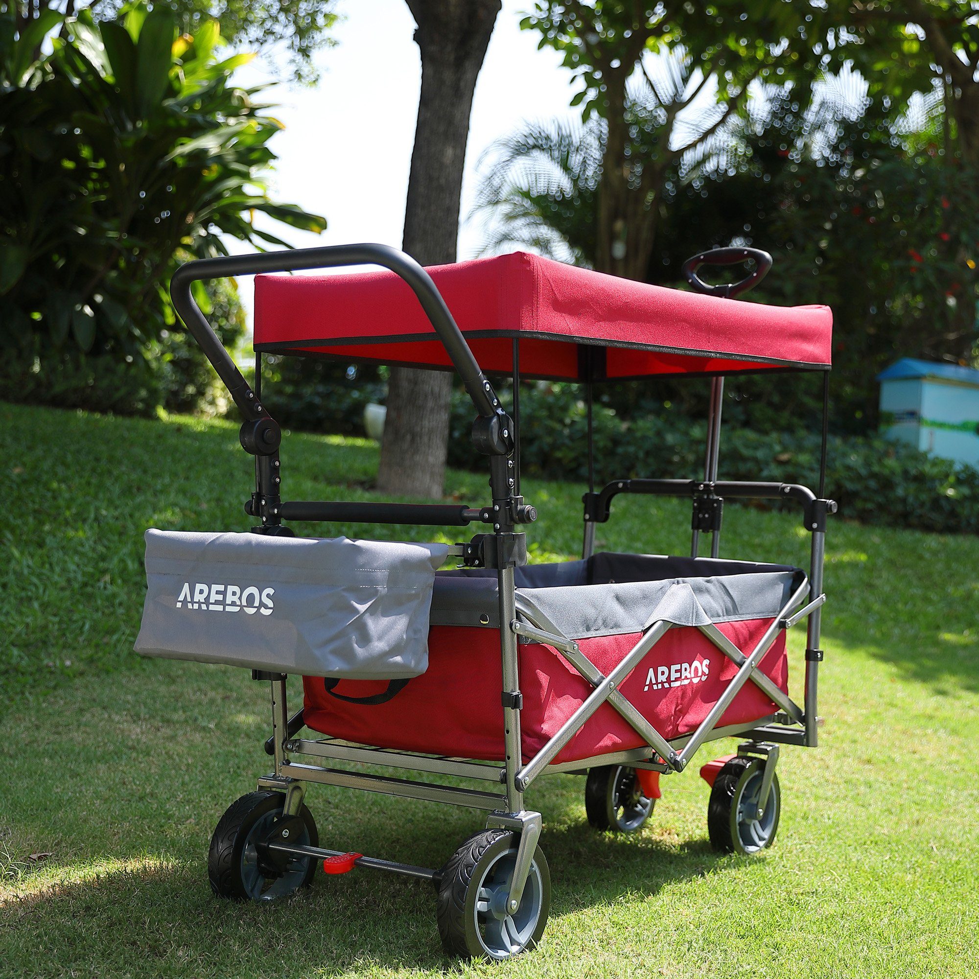 Arebos Bollerwagen mit Dach Premium, Handwagen Transportkarre 100 kg tragekraft, Vorder- und Hinter-Bremse