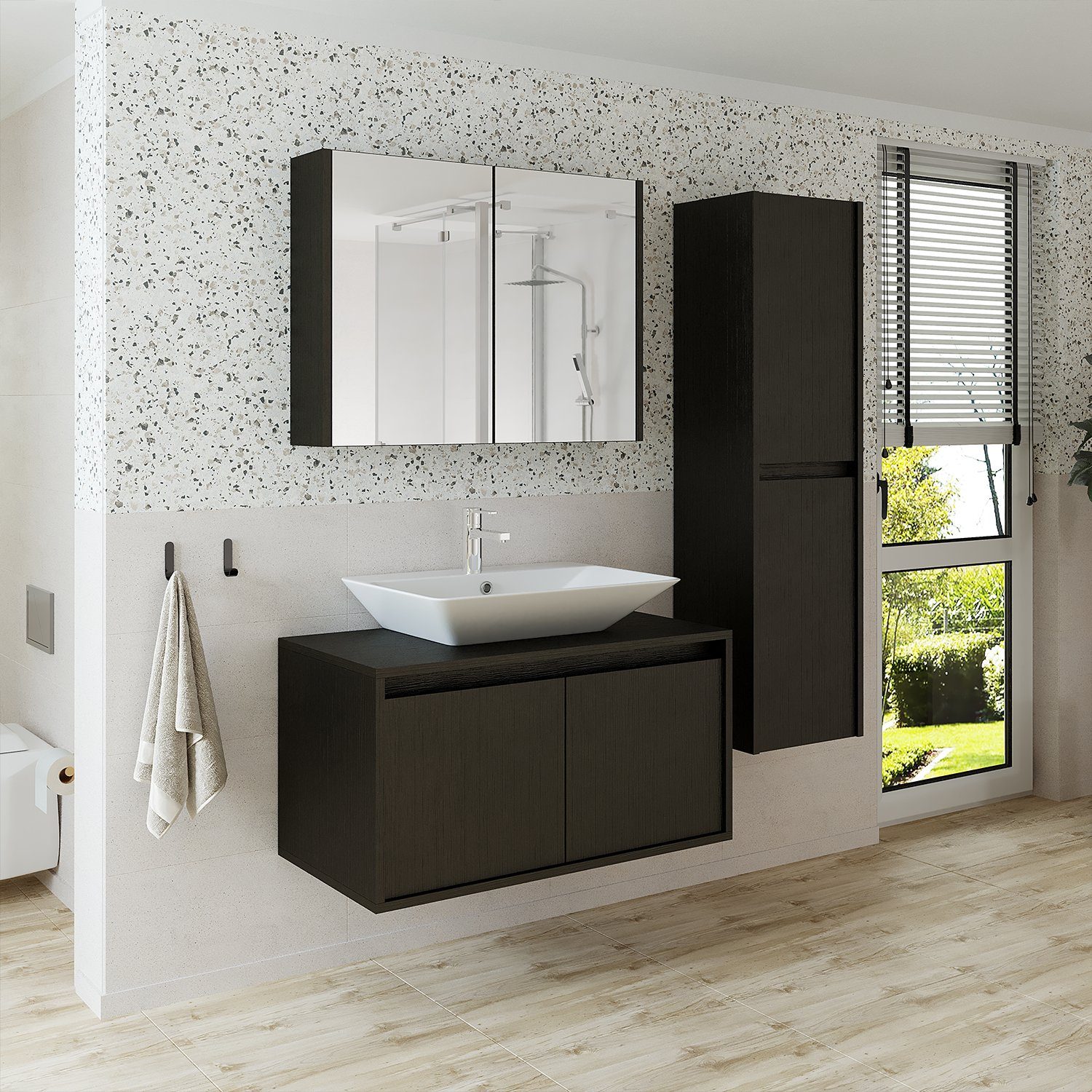 Roomart Badmöbel-Set ATLANTIC – Unterschrank, Waschbecken, Spiegelschrank & Hochschrank, (Badmöbel Set ATLANTIC 85 cm in 4 Farben Unterschrank mit Waschbecken)