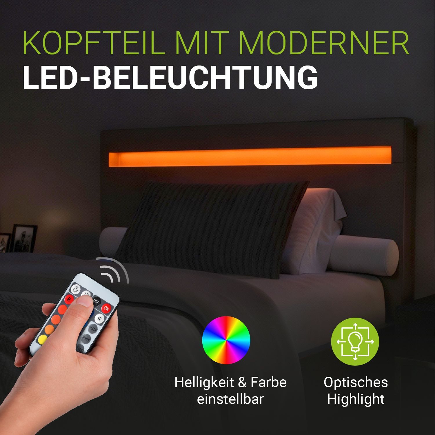 Juskys Polsterbett Paris, 120x200 cm, LED-Licht, weiches Kopfteil, inkl. Kaltschaummatratze