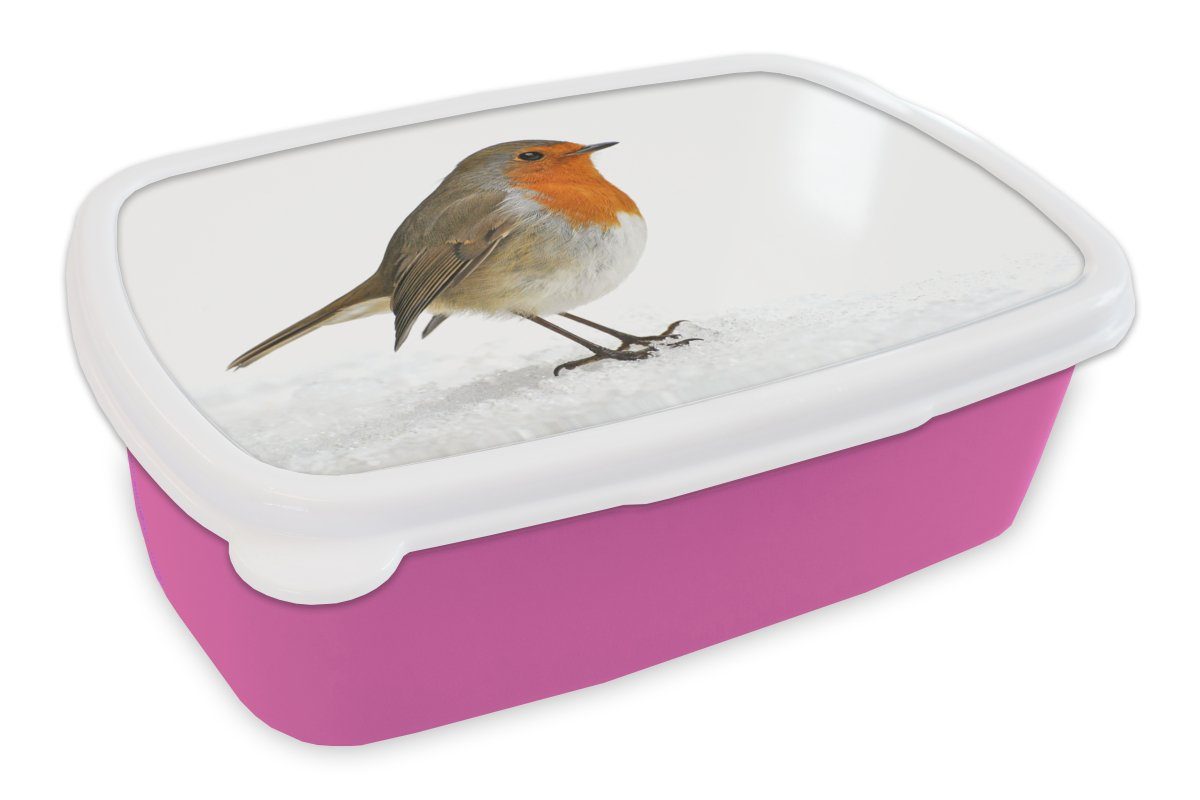 MuchoWow Lunchbox Rotkehlchen - Schnee - Weiß, Kunststoff, (2-tlg), Brotbox für Erwachsene, Brotdose Kinder, Snackbox, Mädchen, Kunststoff rosa
