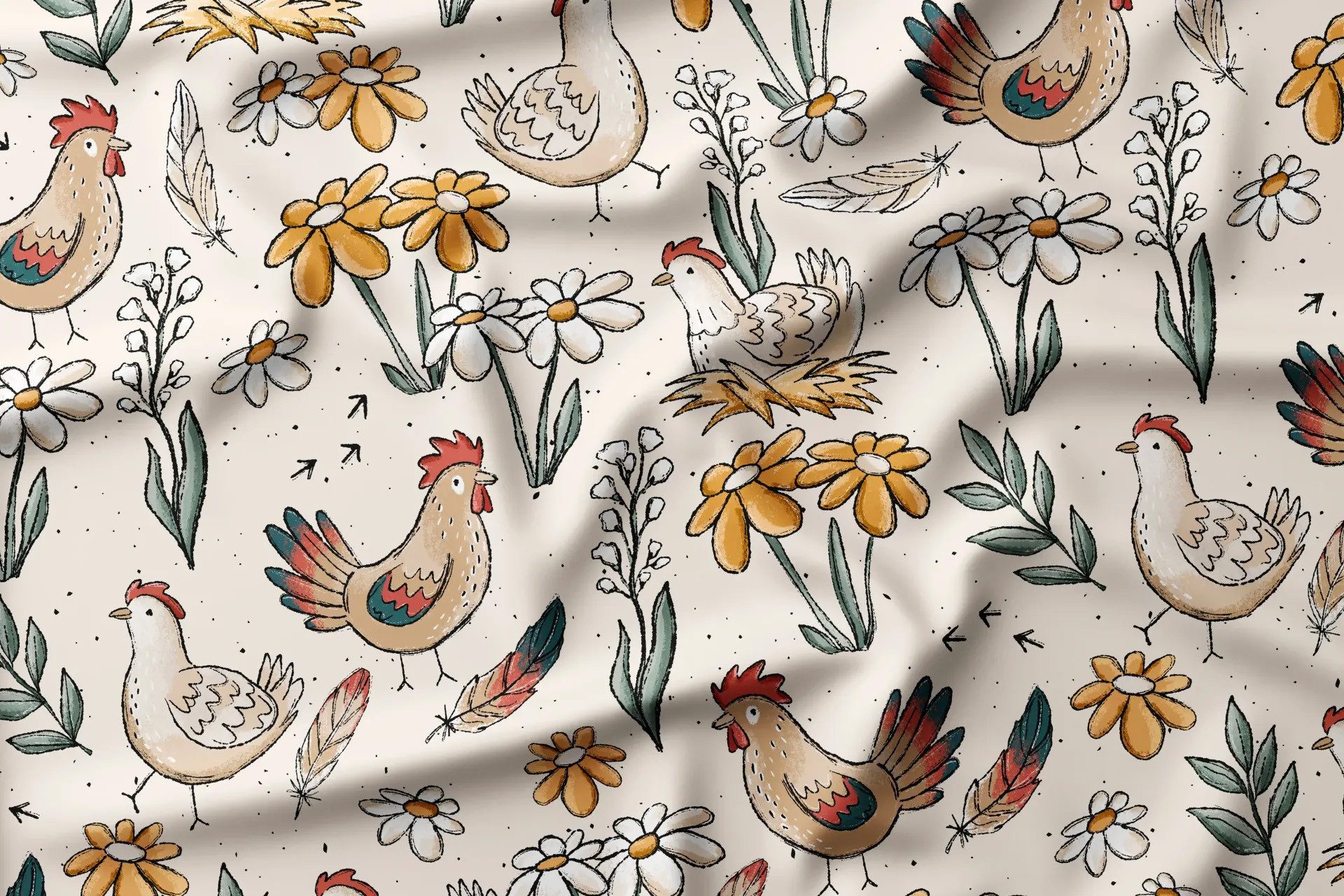 Leylas Welt Stoff Stoff French Terry Hühnertag – Katzengold Designs, Reaktivdruck