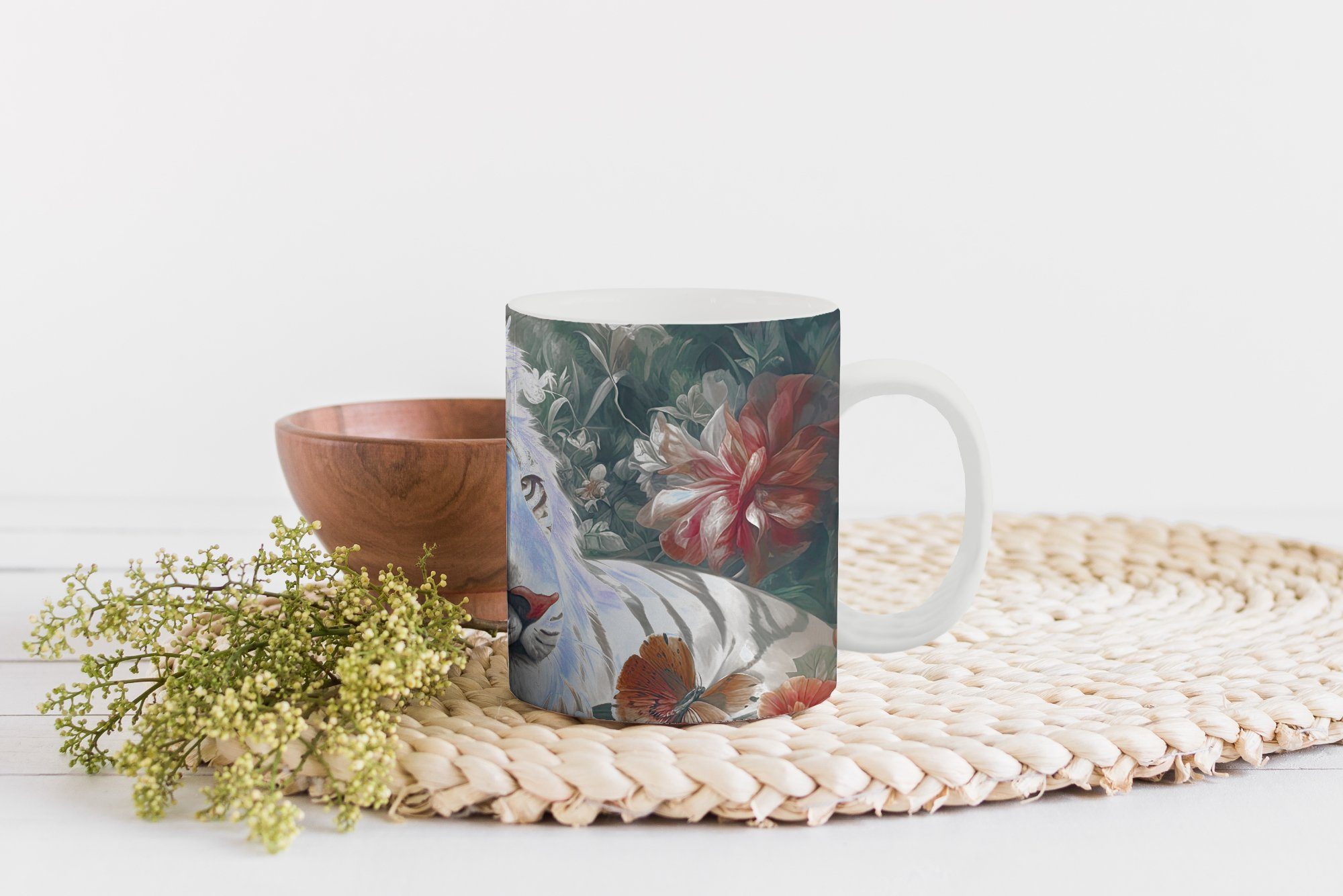 Tiger Teetasse, MuchoWow Kaffeetassen, Tasse Blumen - Dschungel, Wildtiere - Keramik, Becher, Geschenk - Teetasse,