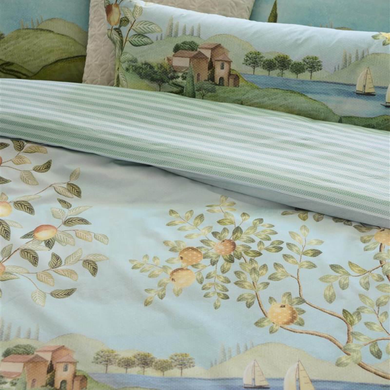 PiP Studio Bettwäsche La Campagna Grün, Perkal, 3 teilig, Obstbäumchen, Zypressen, See, Mediterran