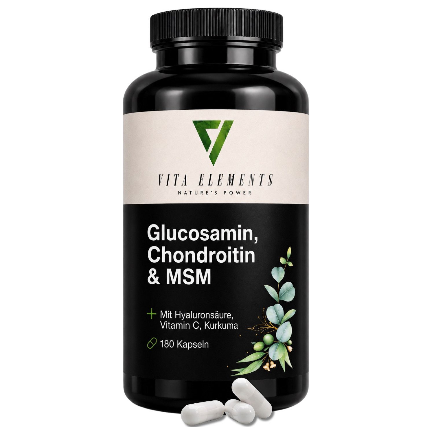 Vita Elements Glucosamin, Chondroitin & MSM - 1000mg Glucosaminsulfat, 180 Kapseln, 1 er Packung à 180 St., Hochdosiert, Mit Hyaluronsäure & Vitamin C, Laborgeprüft