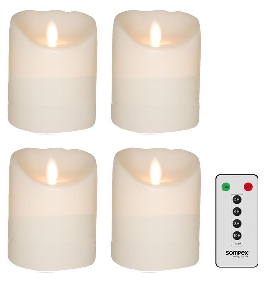 SOMPEX LED-Kerze 4er Set Flame LED Kerzen weiß 10cm (Set, 5-tlg., 4 Kerzen, Höhe  10cm, Durchmesser 8cm, 1 Fernbedienung), fernbedienbar, integrierter Timer,  Echtwachs, täuschend echtes Kerzenlicht, optimales Set für den Adventskranz