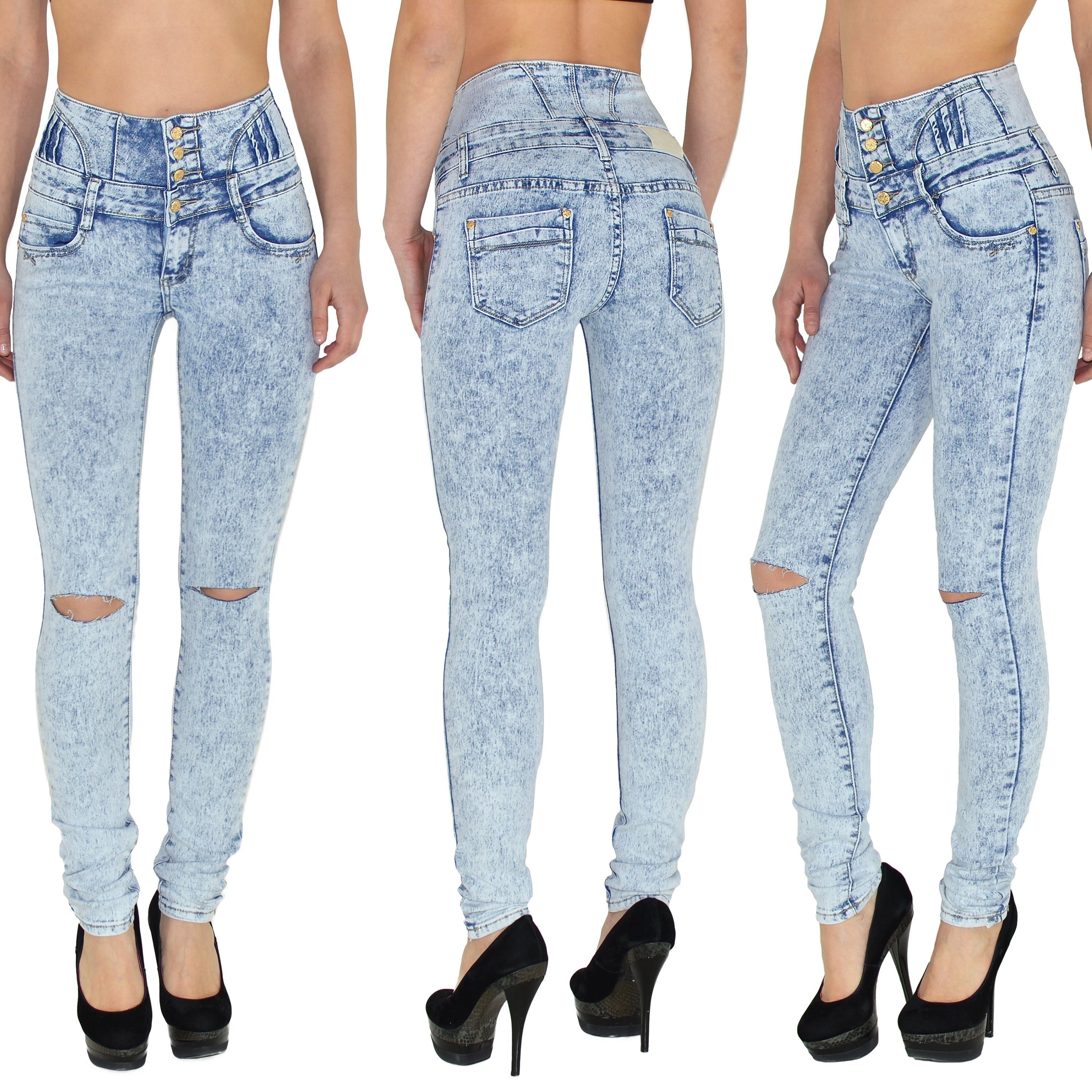 Waist Destroyed mit mit 4-Knöpfen, Hellblau enge und Knopf, Fit Waist Bund, Damen Damen High mehreren Sehr bis Jeans mit Übergröße Hose Knöpfen, Skinny Größen, mit Hose Plussize Damen Batik 4 hoher Damen Skinny Große Jeans Risse High Jeanshose, mit Leibhöhe, Stretch Destroyed Risse Röhrenjeans Damen ESRA und Skinny-fit-Jeans Jeans Damen High Skinny Damen Hose J22 Jeans, Skinny Fit Jeans Jeanshose Waist hohem