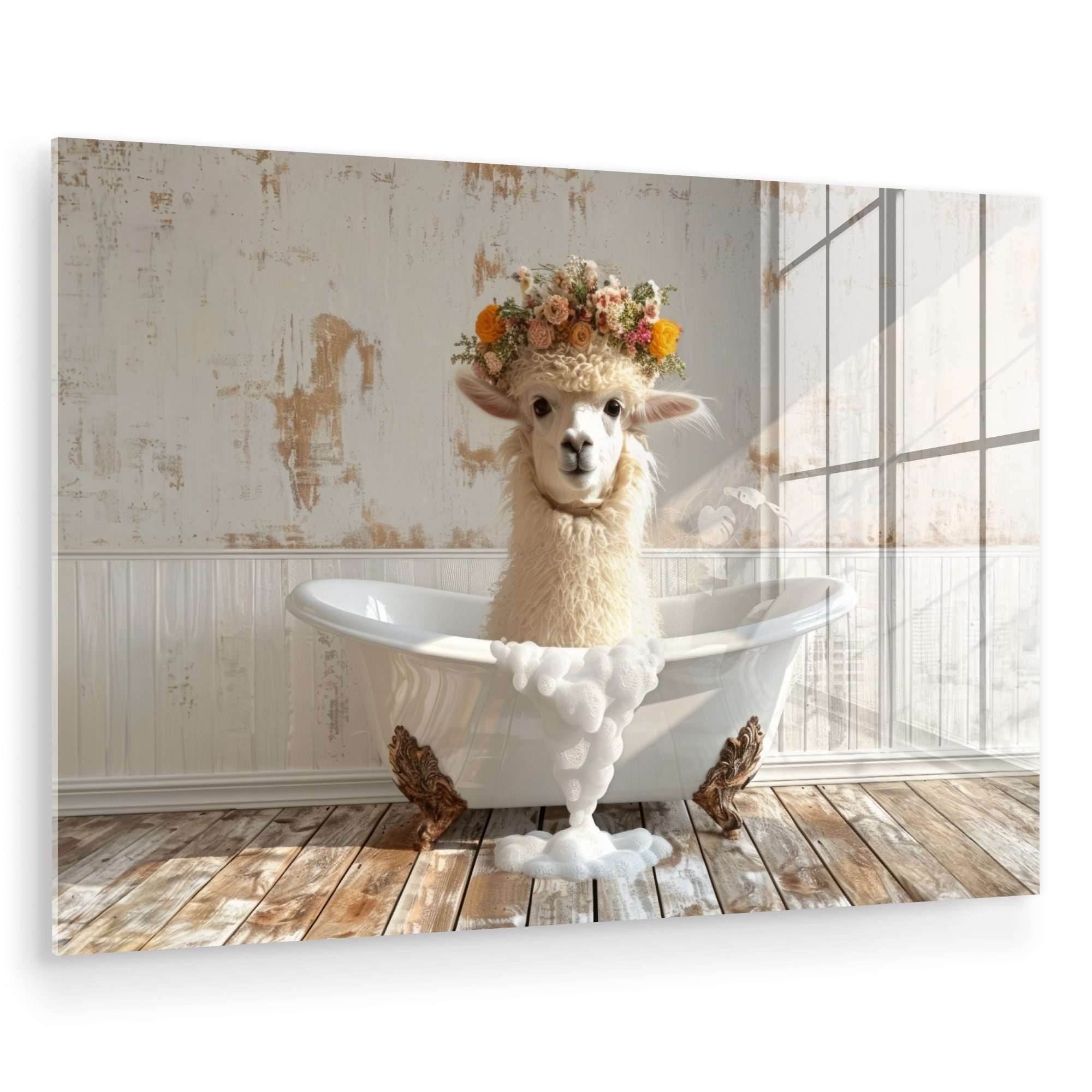 MuchoWow Acrylglasbild Vintage - Alpaka - Badewanne - Blumen - Tiere, Inkl. günstig online kaufen