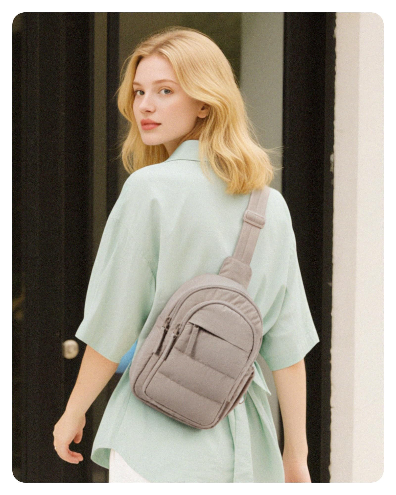 nsihing Umhängetasche Damen Crossbody Bag, Puffer Brusttasche Handytasche Zum Umhängen, Sling Bag mit RFID-Blockierung und Verstellbarer Breitem Schultergurt