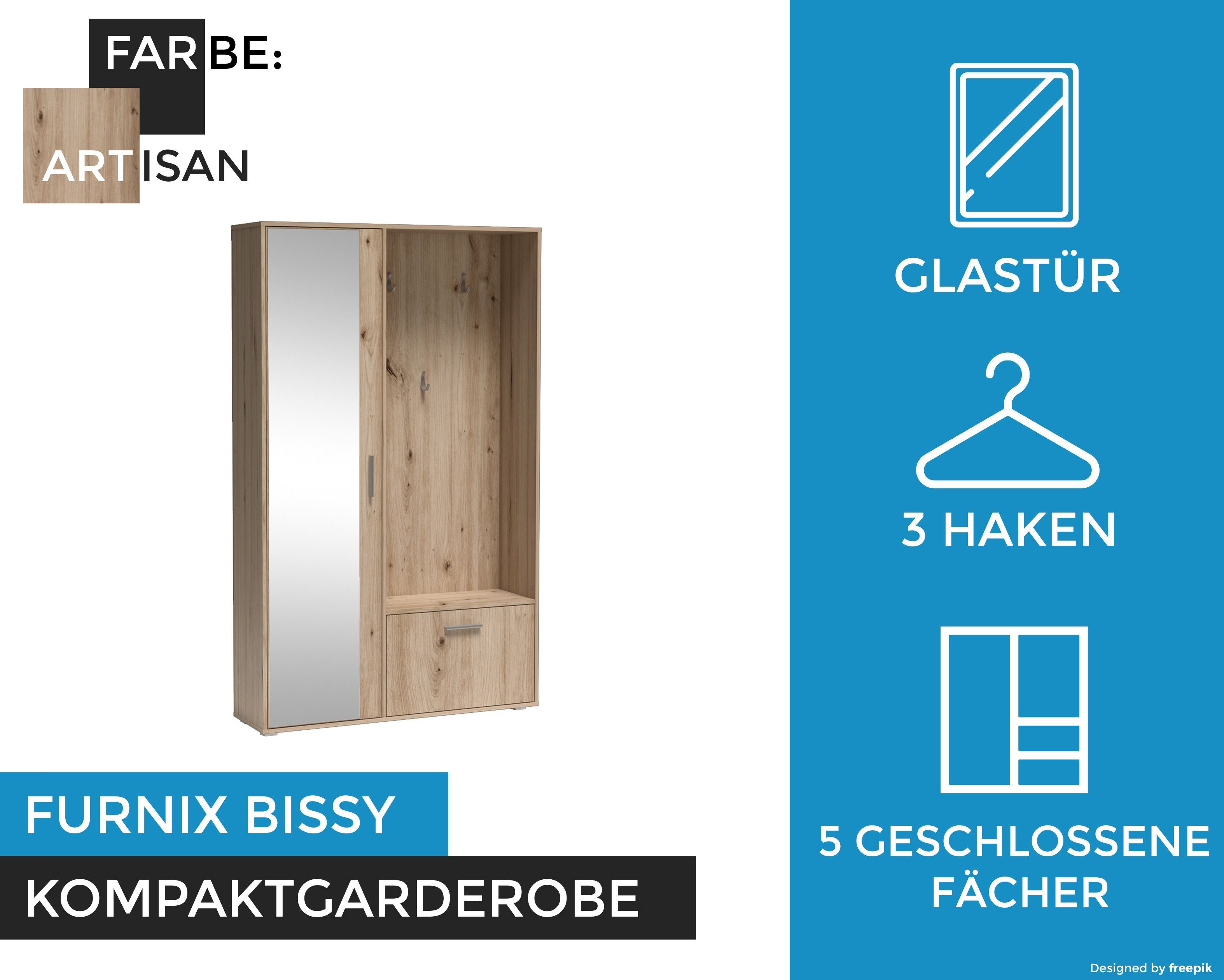 Furnix Kompaktgarderobe BISSY zeitlos und Garderobenschrank, mit praktisch Spiegel, Garderobenhaken Schuhschrank, Artisan