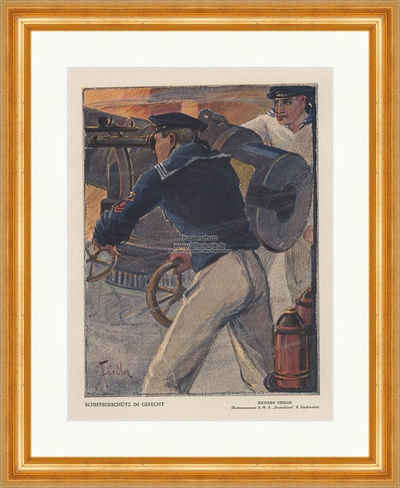 Kunstdruck Schiffsgeschütz im Gefecht Richard Fiedler Bootsmannsmaat Jugend 1946, (1 St)