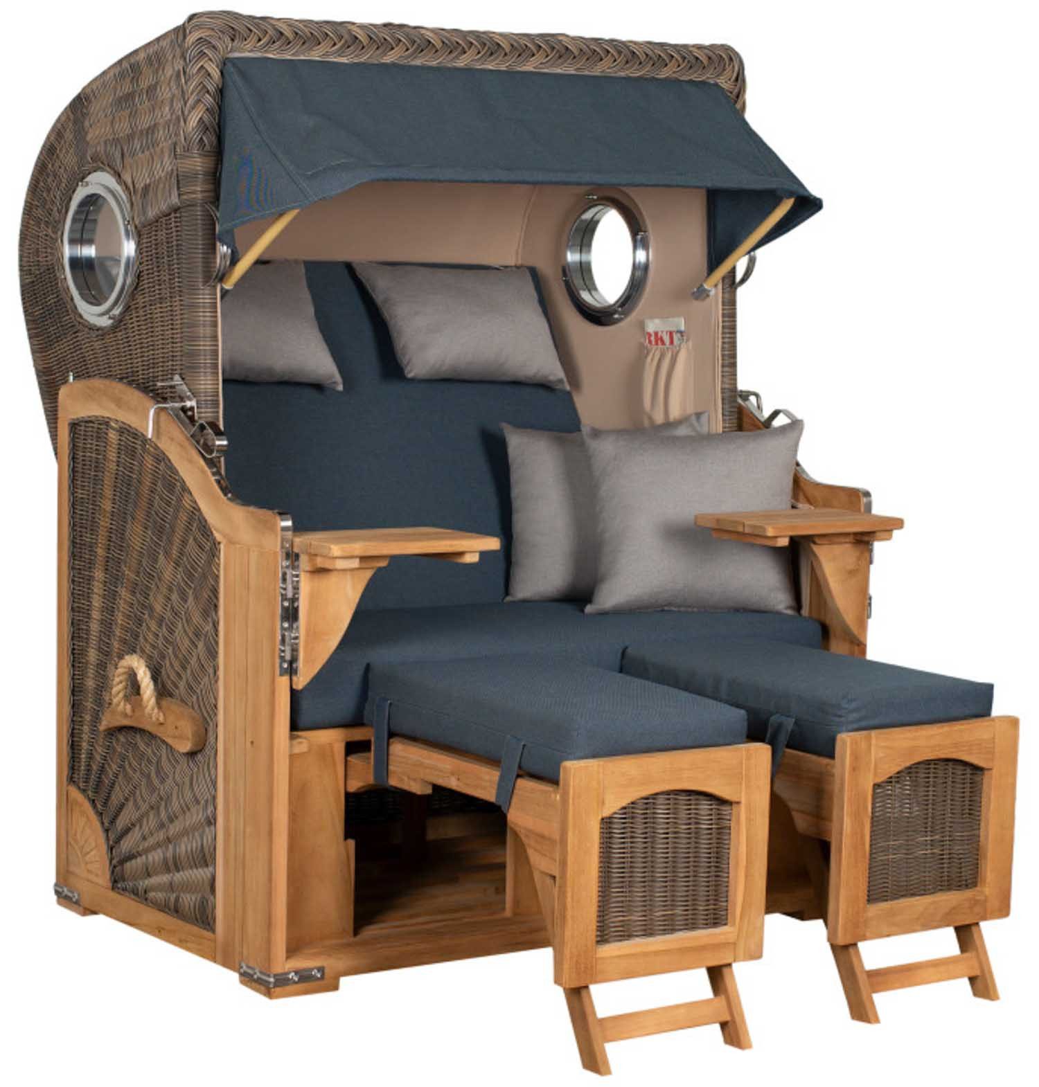 MR.DEKO Strandkorb Düne Bullauge Teak PE Grey Dessin 593