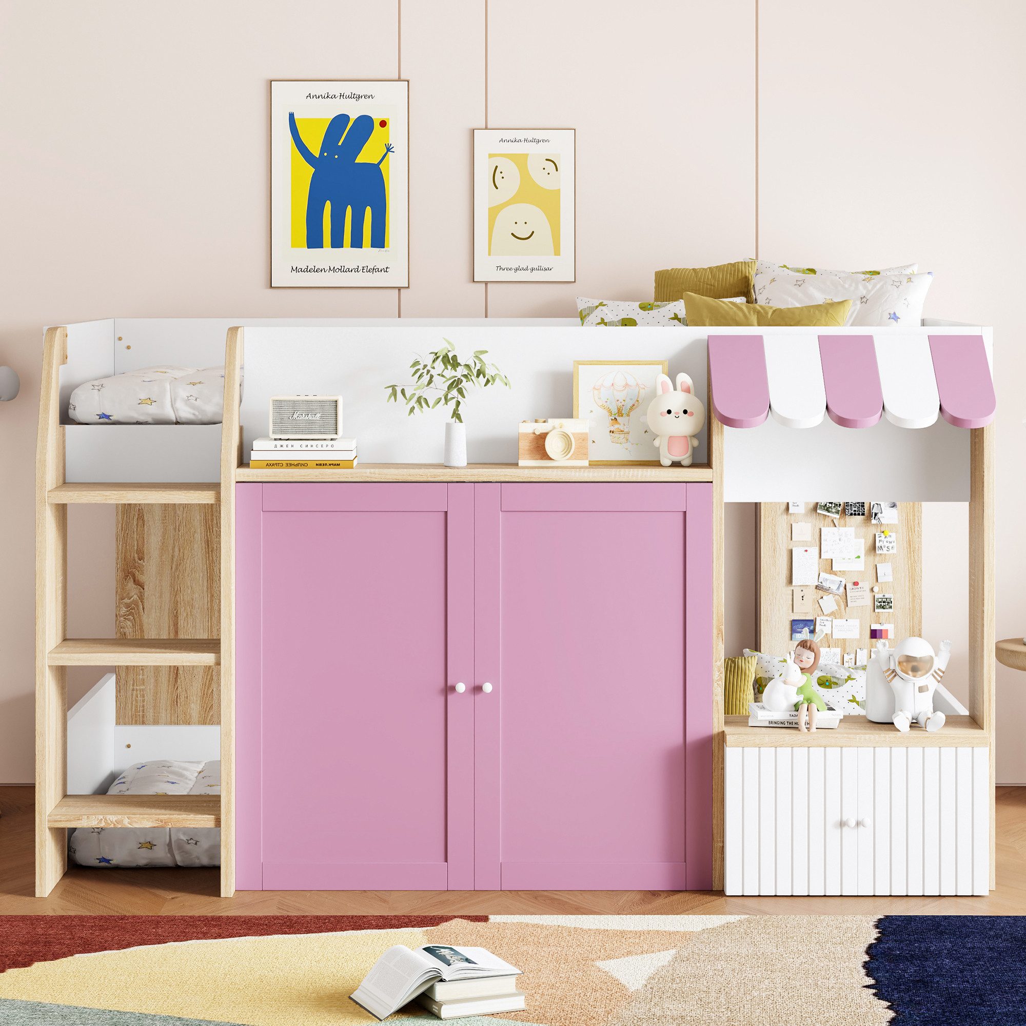 OKWISH Etagenbett Kinderbett Holzbett (mit Kletterleiter & offenem Stauraum, 90x200cm), ohne Matratze