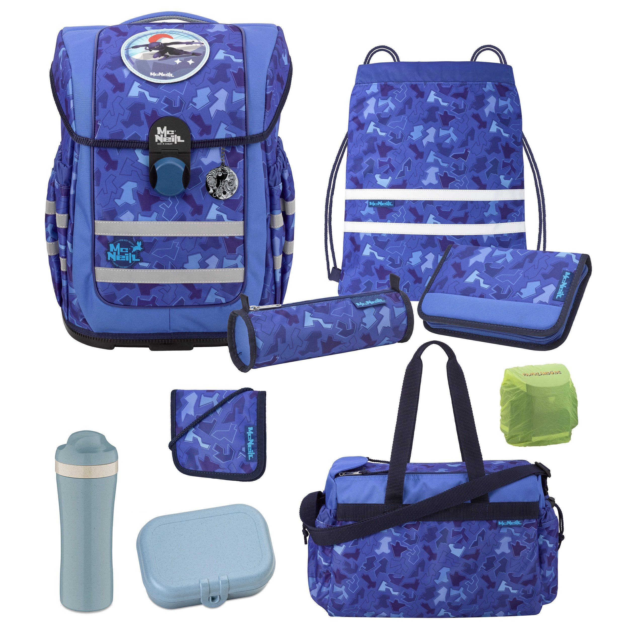 McNeill Ранцы "Puzzle" mit Motivmagnet Ninja; Blau (Set, 9-tlg., inkl. Federmappe und Sporttasche), ergonomisch; leicht; 20L Volumen; wächst mit dem Kind mit