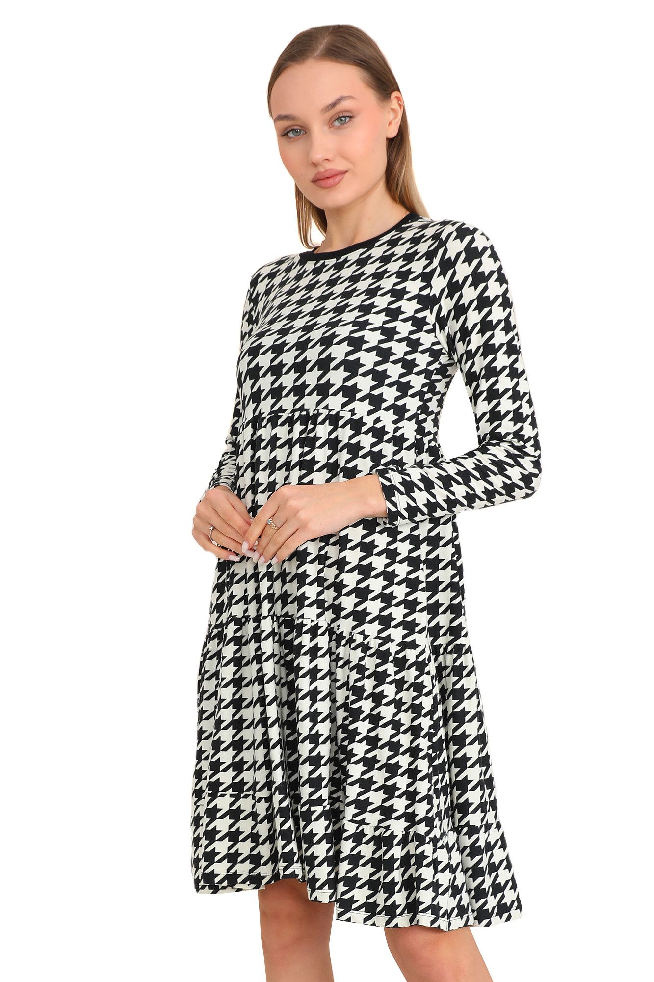 A-Linien-Kleid Midikleid Stufenkleid Hahnentrittmuster samtweich