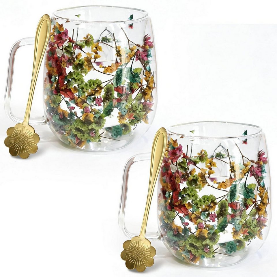 LuxusKollektion Teeglas 2er-Pack Doppelwandige Teegläser mit Trockenblumen, Glas