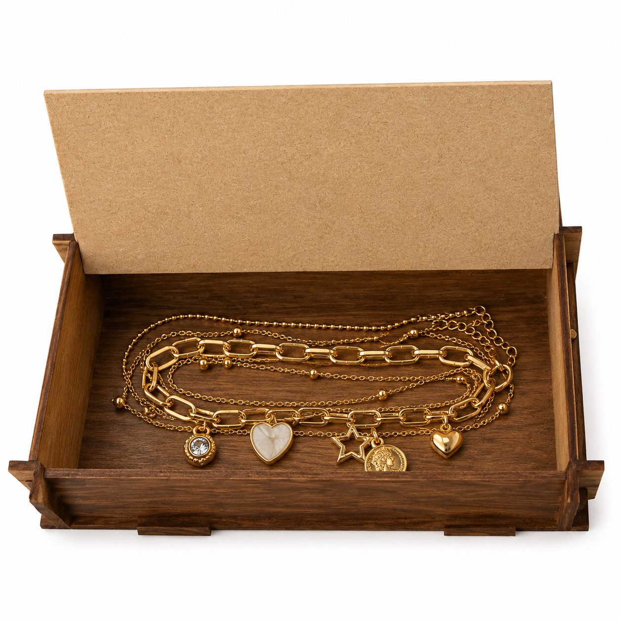 Jungengel Ketten-Set Gold Layering Halskette Damen 3er Set Herz Stern Münze Kette Mode (Schmuckset, 3-tlg., 3 kombinierbare Halsketten im Layering-Design), 3-teiliges Layering Halsketten-Set mit Herz- und Münzanhänger