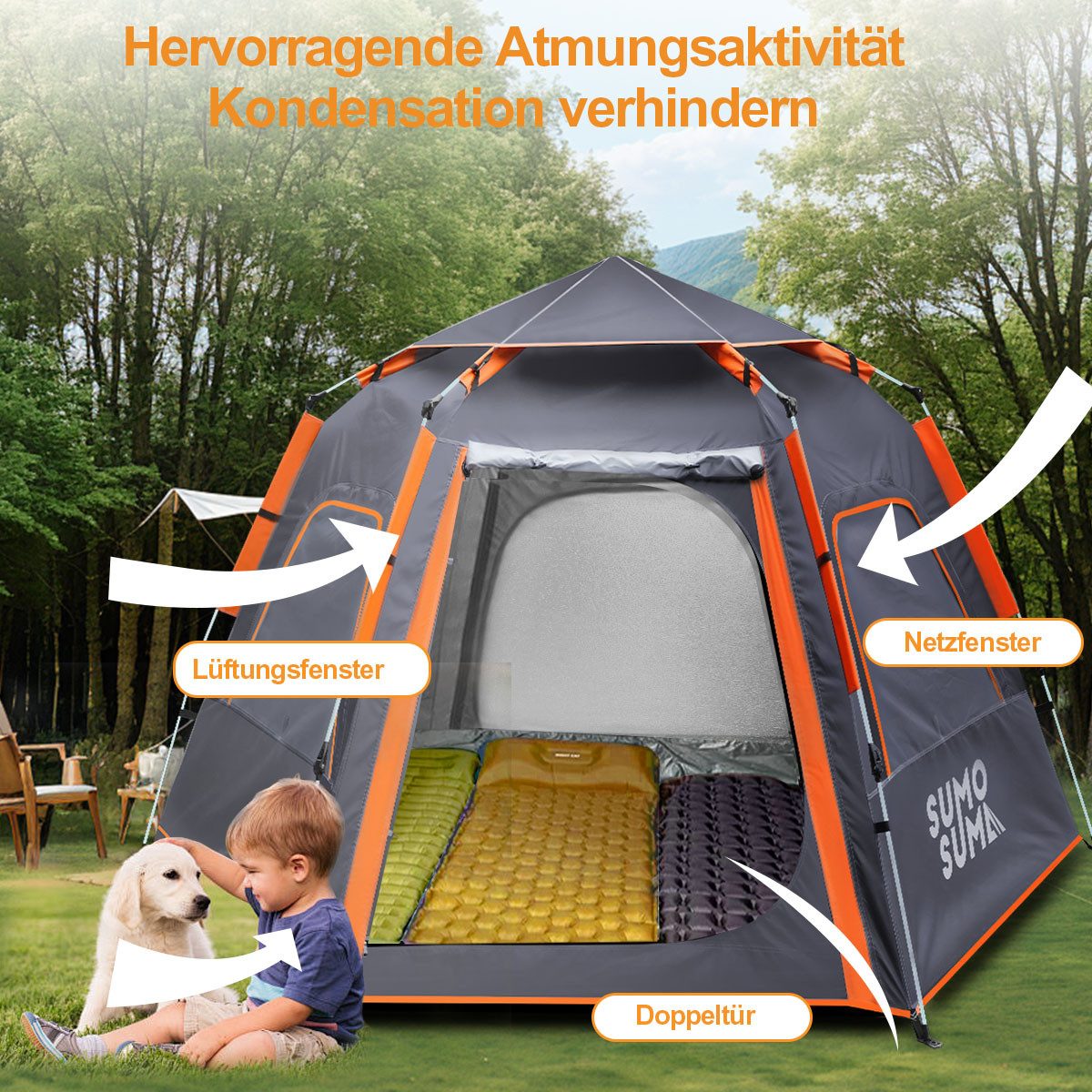 Sumosuma Kuppelzelt Campingzelt für 4 Personen Wurfzelte Camping Kuppelzelt, Pop-Up-Zelt Moskitonetz, Atmungsaktiv, Wasserdicht