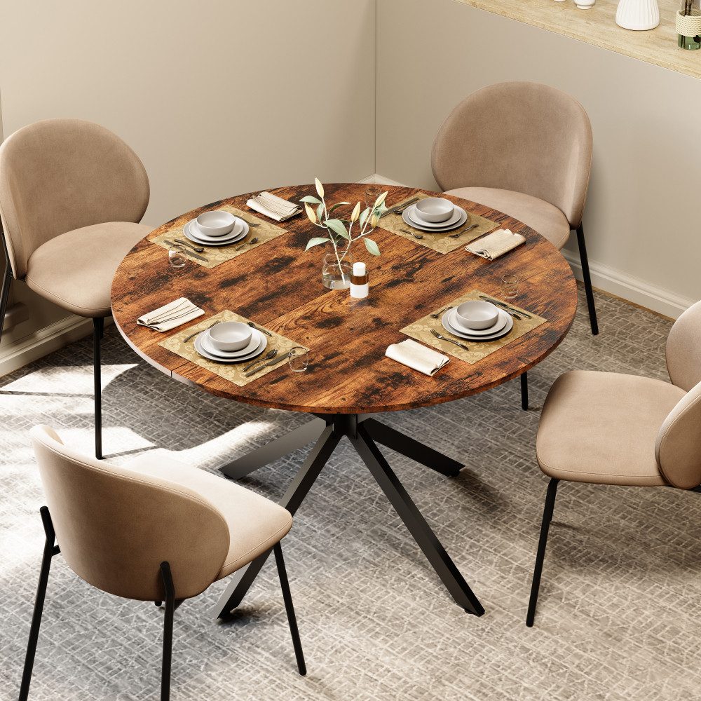 BBWL Esstisch Runder Esstisch Industrialstil mit X-Füßen, Vintagebraun-Schwarzd, stabiler Küchentisch für Homeoffice & Esszimmer