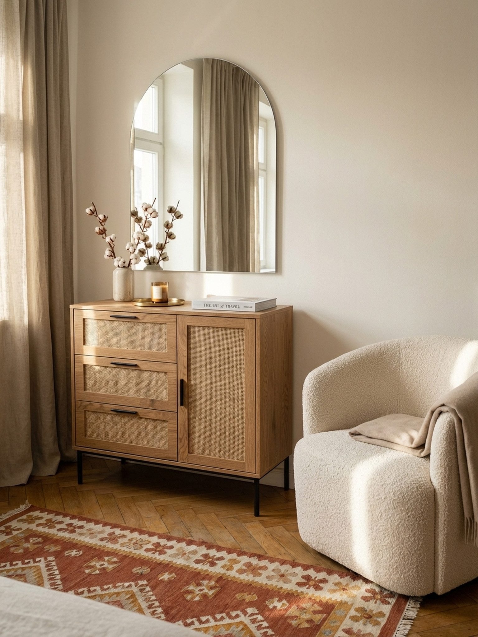 KADIMA DESIGN Kommode Kommode 80x82x36 cm Flurkommode Eiche-Dekor & Rattan, Sideboard mit (Anrichte Schubladenkommode), drei Schubladen und Tür, Kommodenschrank Modern, Standschrank