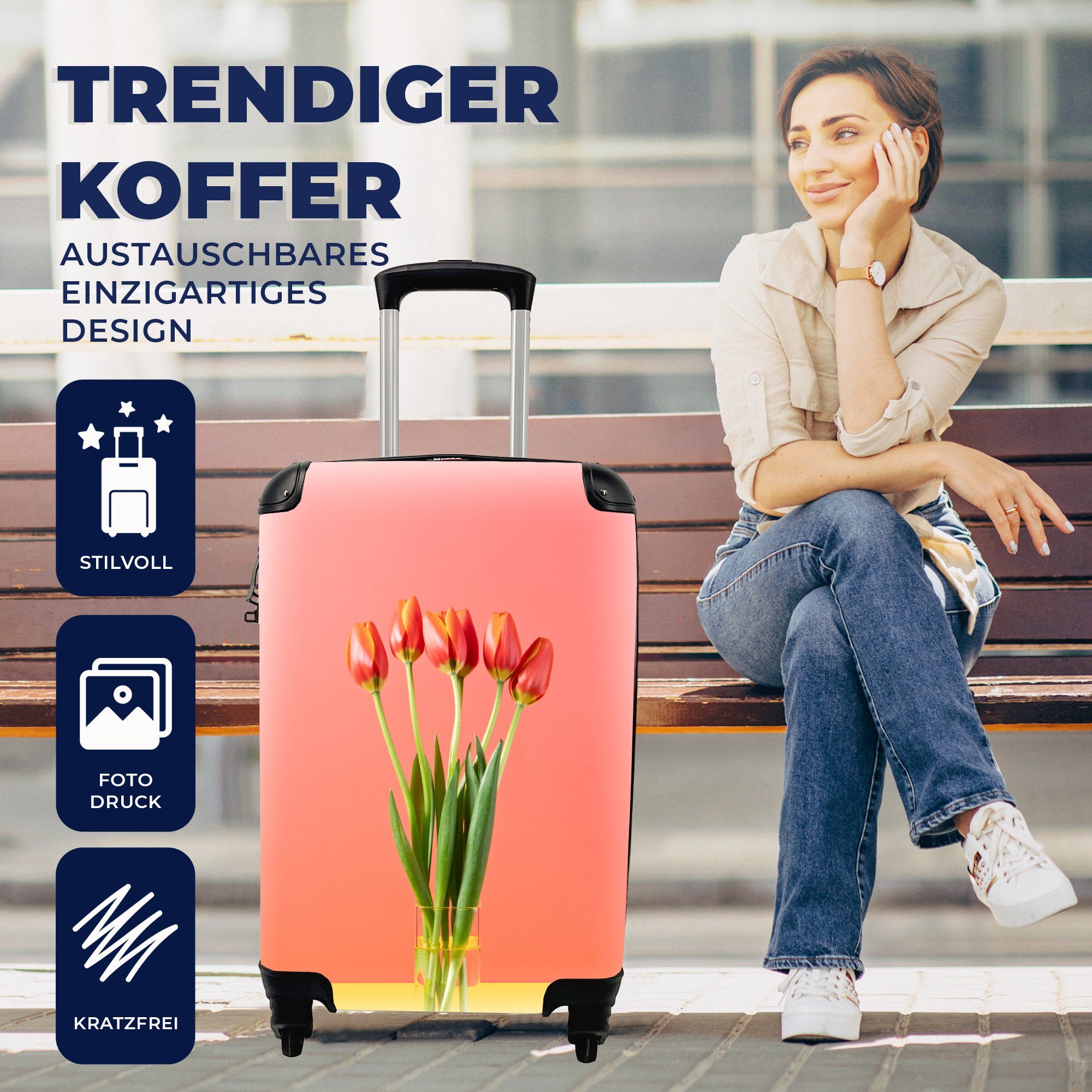 Reisetasche MuchoWow Handgepäckkoffer mit 4 Ferien, Rot, für Rollen, - Tulpenvase rollen, Reisekoffer Handgepäck Trolley,