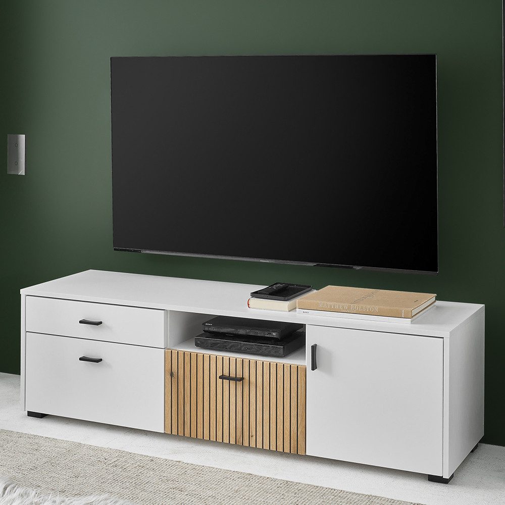 Lomadox Lowboard HUNTER-61, TV-Board Mediamöbel weiß matt Eiche gerillt 150 günstig online kaufen