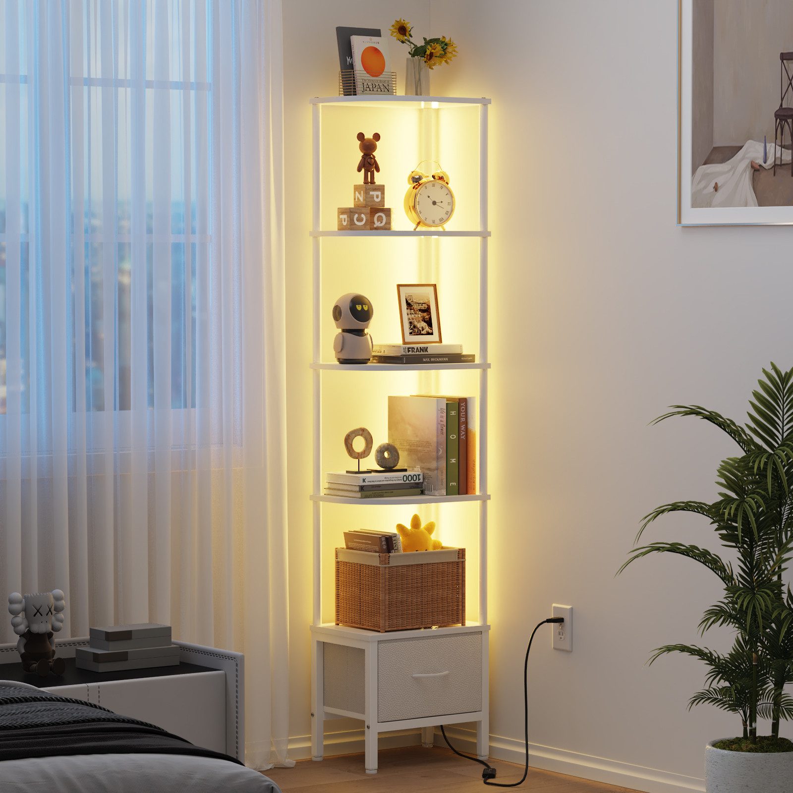 OYRREU Mehrzweckregal 10 offene Fächer & 3 Schubladen, kombiniert, Bücherregal, Standregal, industrial Aufbewahrungsregal 1-St., mehrfach, X-förmige Metallverstärkung, variabel einsetzbar, 120 x 23,5 x 142 cm
