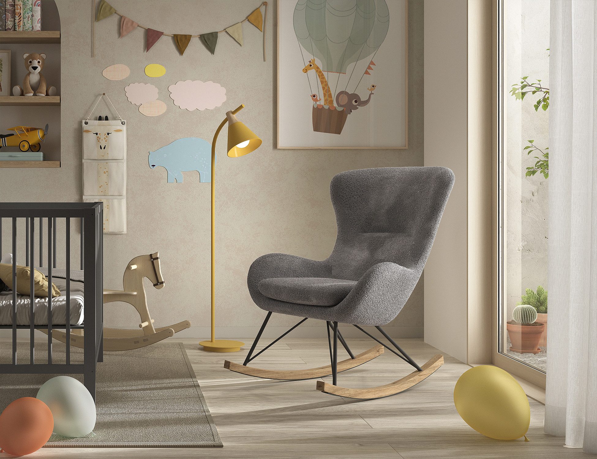 Vipack Schaukelsessel Rocky, super bequemer Schaukelstuhl, runde zeitlose Formgebung (B/H/T ca. 76x101x110cm, Massivholz Kufen mit Bodenschutz), Sitzschale mit flauschigem Bouclè Stoff gepolstert, wahlweise 2 Farben