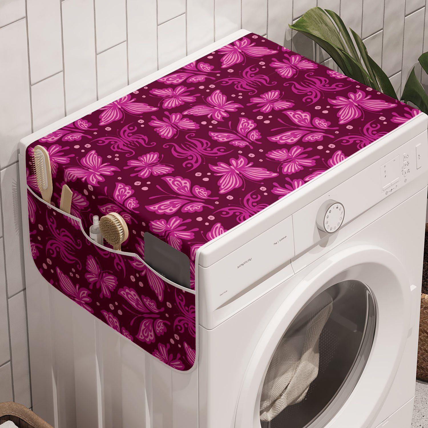 Abakuhaus Badorganizer Anti-Rutsch-Stoffabdeckung für Waschmaschine und Trockner, Schmetterling Abstrakte rosa Schmetterlinge