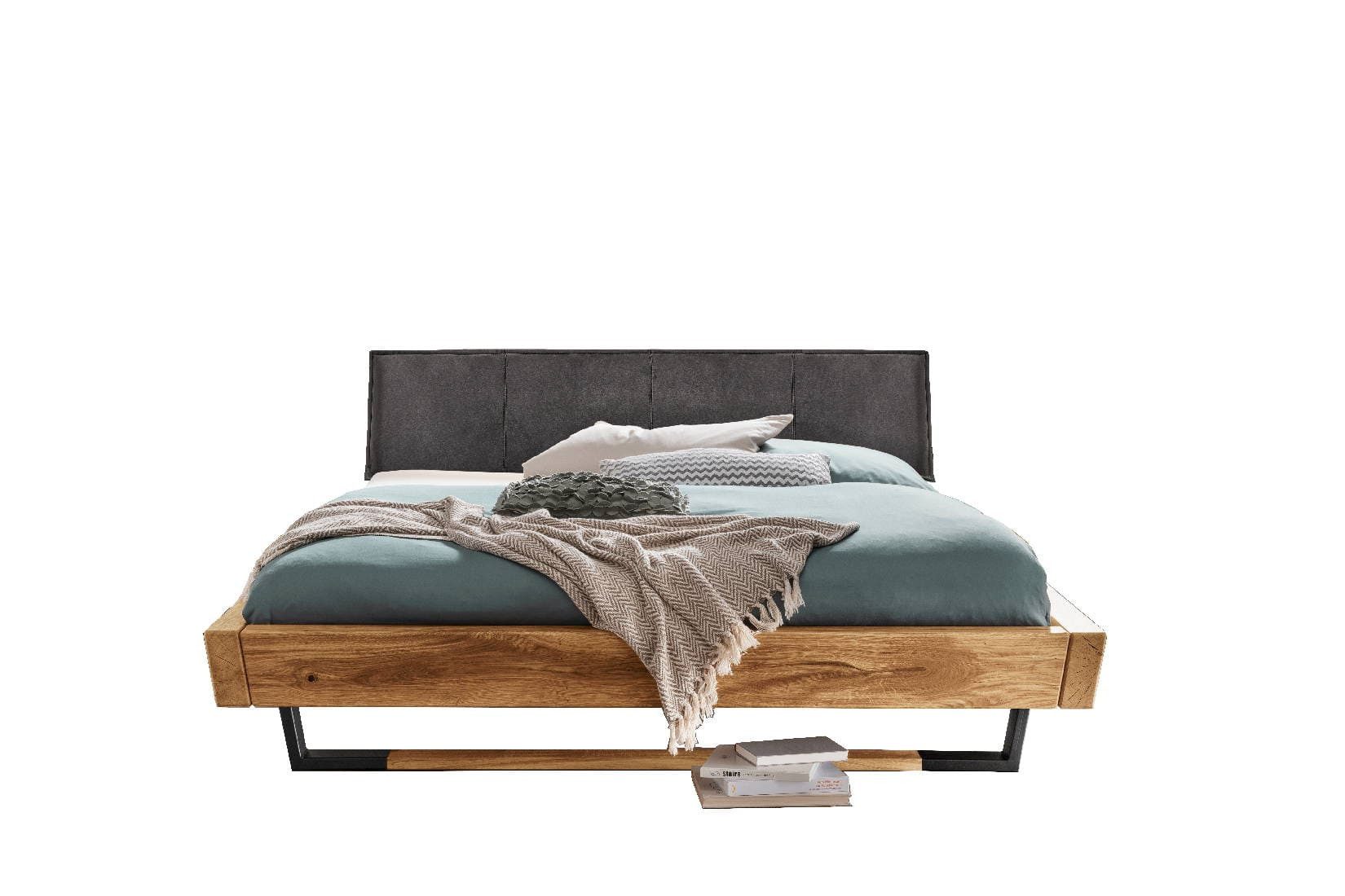 TPT Möbel Massivholzbett Waldzauber Polsterkopfteil, Balkenbett mit Metallkufen schwarz und Holzinlay