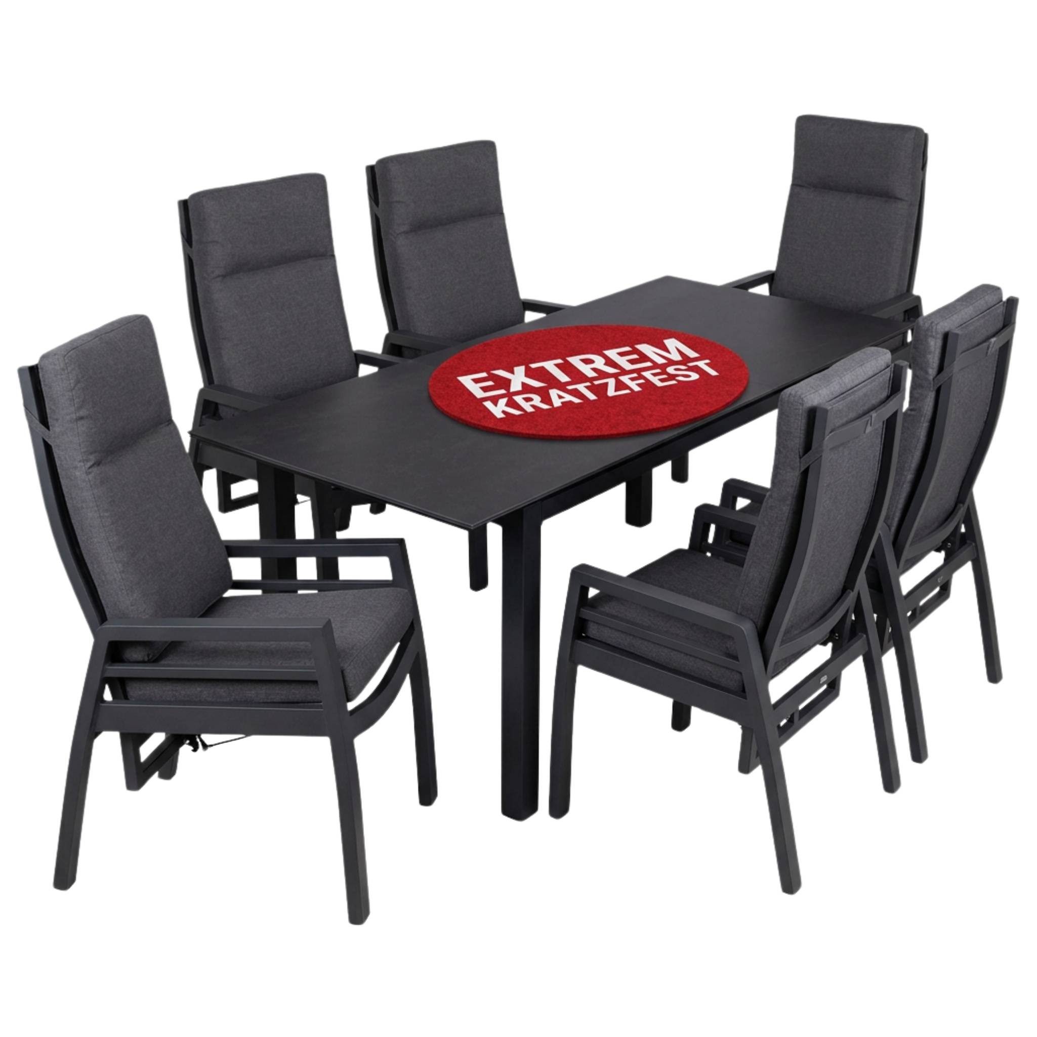 MR.DEKO Garten-Essgruppe Malaga Keramik Tisch 200x90cm & 6 Relaxsessel Sevilla (verstellbar), (7-teilige XL-Essgruppe: 1x Tisch & 6x Relaxsessel, 7-tlg), Wetterfestes Alu-Set, verstellbare Rückenlehne & Teak-Armlehnen