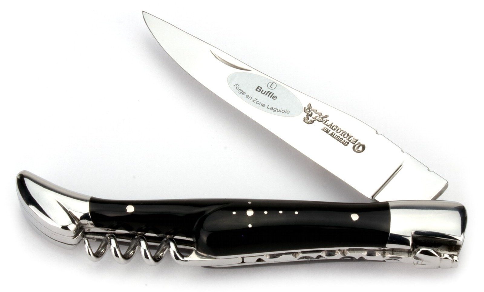 Laguiole en Aubrac Taschenmesser L0312BUIF, Griff 12cm Büffelhorn - Feder verziert - Korkenzieher - Stahl glänzend