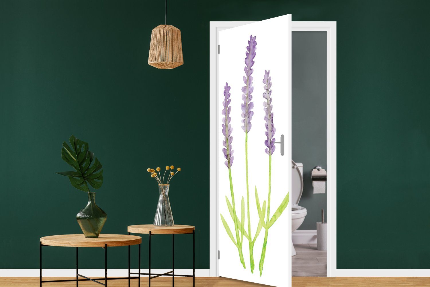 Fototapete (1 Tür, - - bedruckt, Aquarell Lavendel cm Türaufkleber, Matt, Türtapete Pflanzen, 75x205 für St), MuchoWow