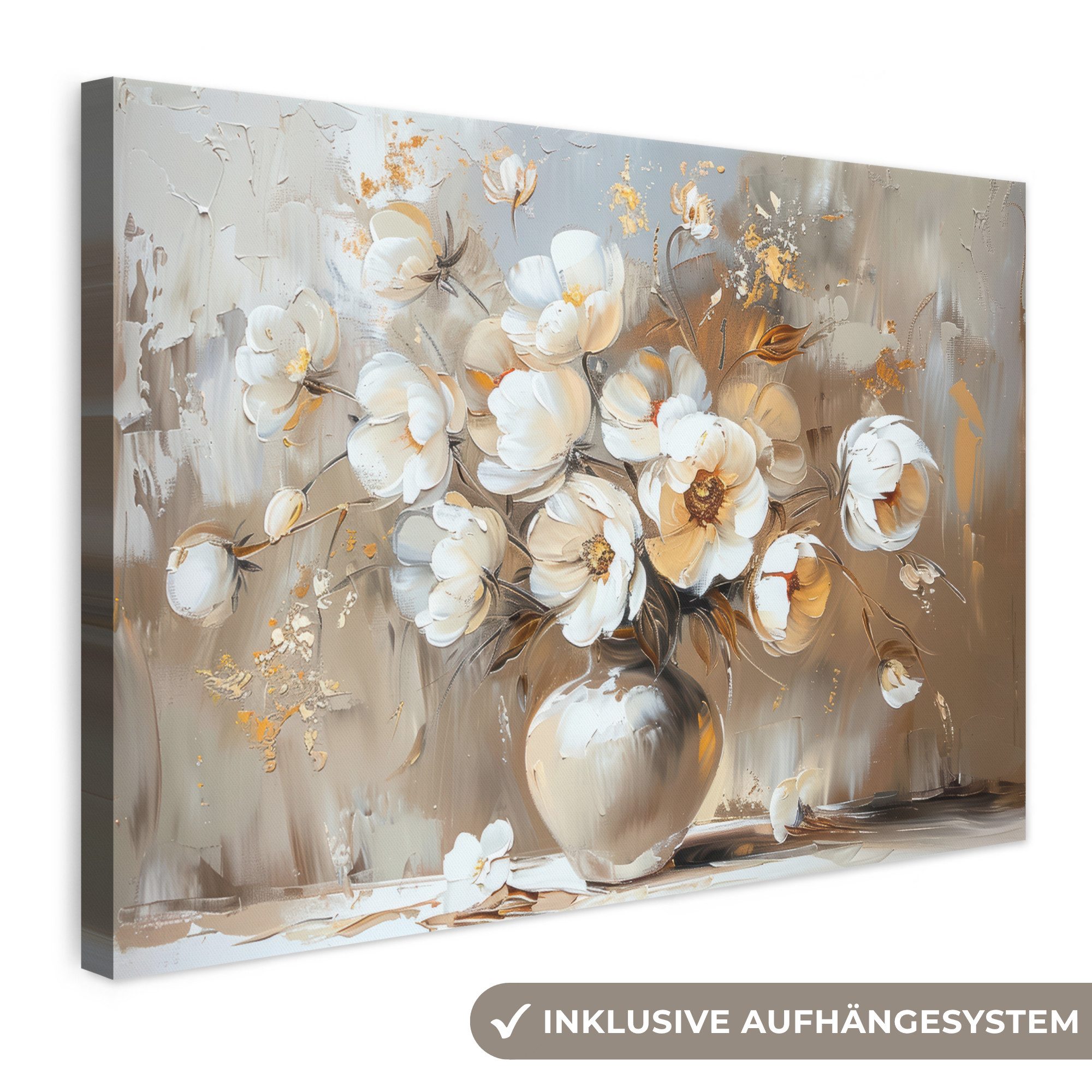 OneMillionCanvasses® Leinwandbild Vase - Blumen - Kunst - Gold, Fotodruck (1 St), Leinwand Bilder Klein, Wand Dekoration Aesthetic 30x20 cm