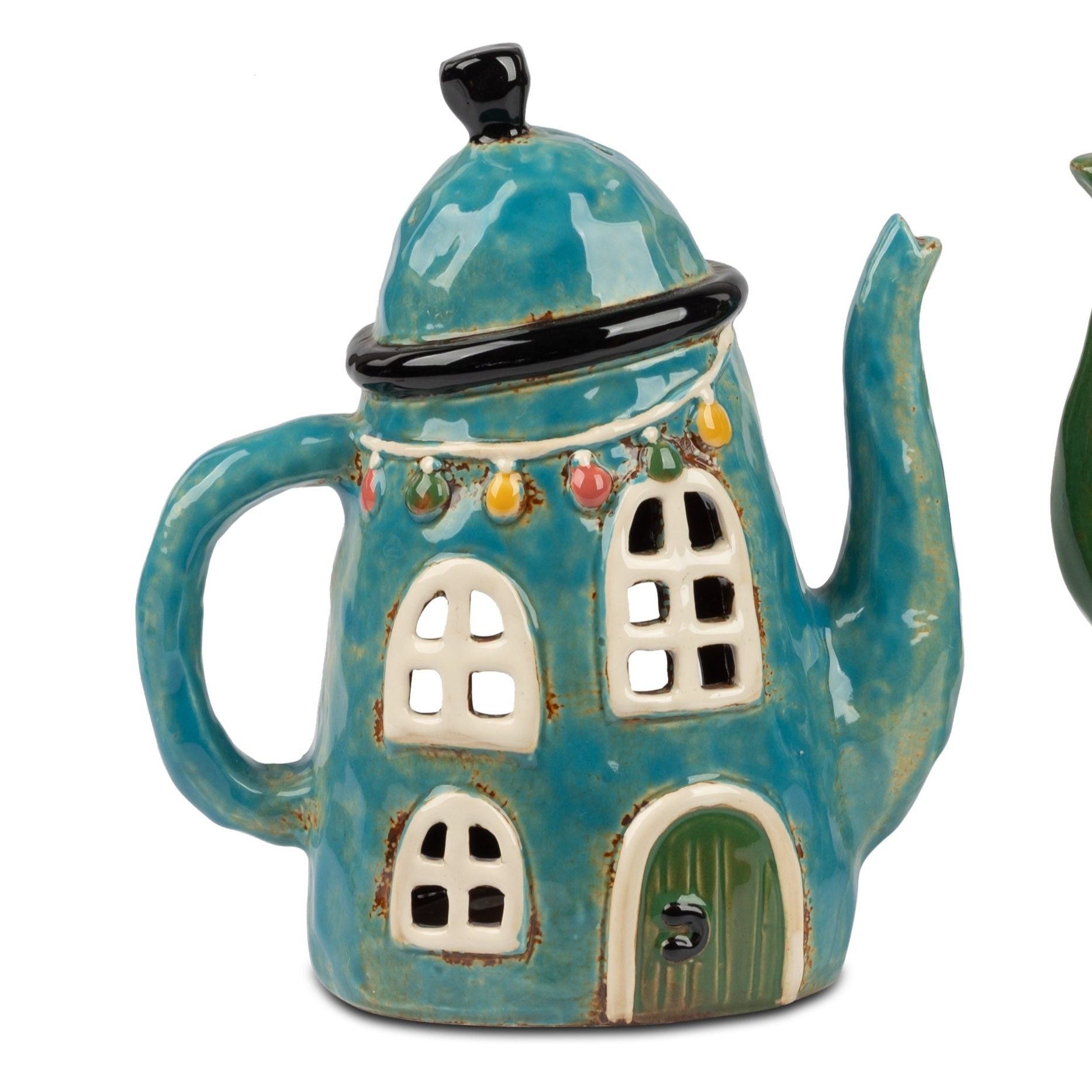 formano Windlicht Landhaus, Höhe: 21cm, Farbe: Blau, Motiv: Teekanne