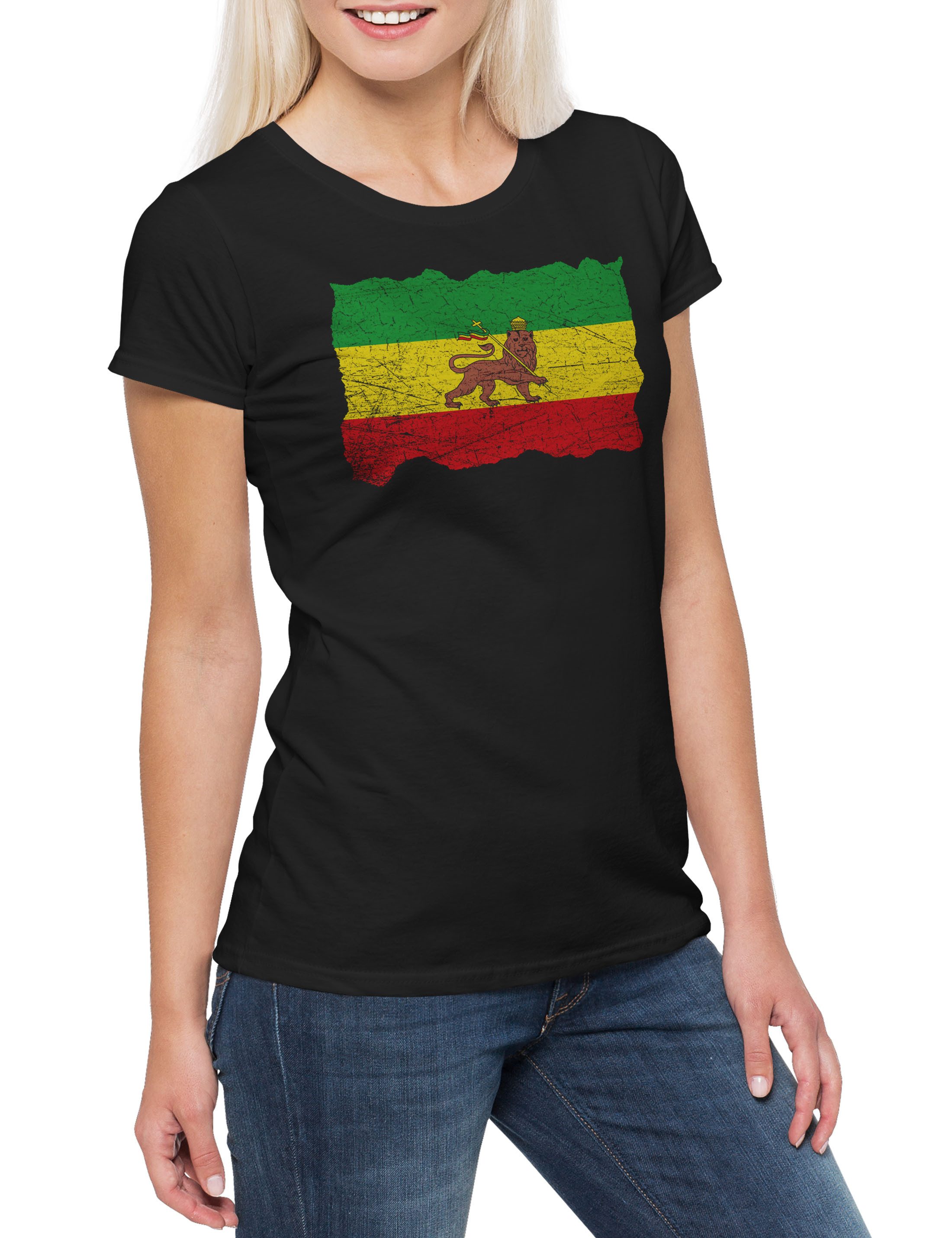 Print-Shirt Ethiopia Babylon Flag Damen T-Shirt Zion Reggae Jah Babylon Musik Irie