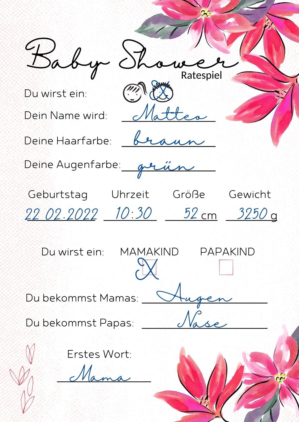 EMI & SAM Spiel, EMI&SAM Babyparty Wunschkarten Karten Junge & Mädchen Wünsche Baby Shower 20 St, Blumen Rosa
