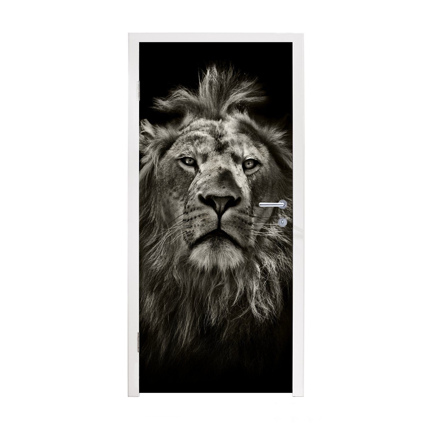 MuchoWow Türtapete Löwe - Tiere - Porträt - Wildtiere - Schwarz und weiß, Matt, bedruckt, (1 St), Fototapete für Tür, Türaufkleber, 75x205 cm