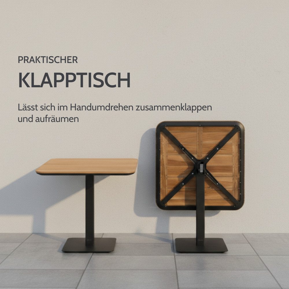 Liadomo Gartentisch Torano, Klapptisch, Balkontisch, Outdoortisch, quadratisch 80x80 cm (platzsparend verstaubar, standfest & stabil), Teakholz-Tischplatte, klappbar, Aluminium anthrazit