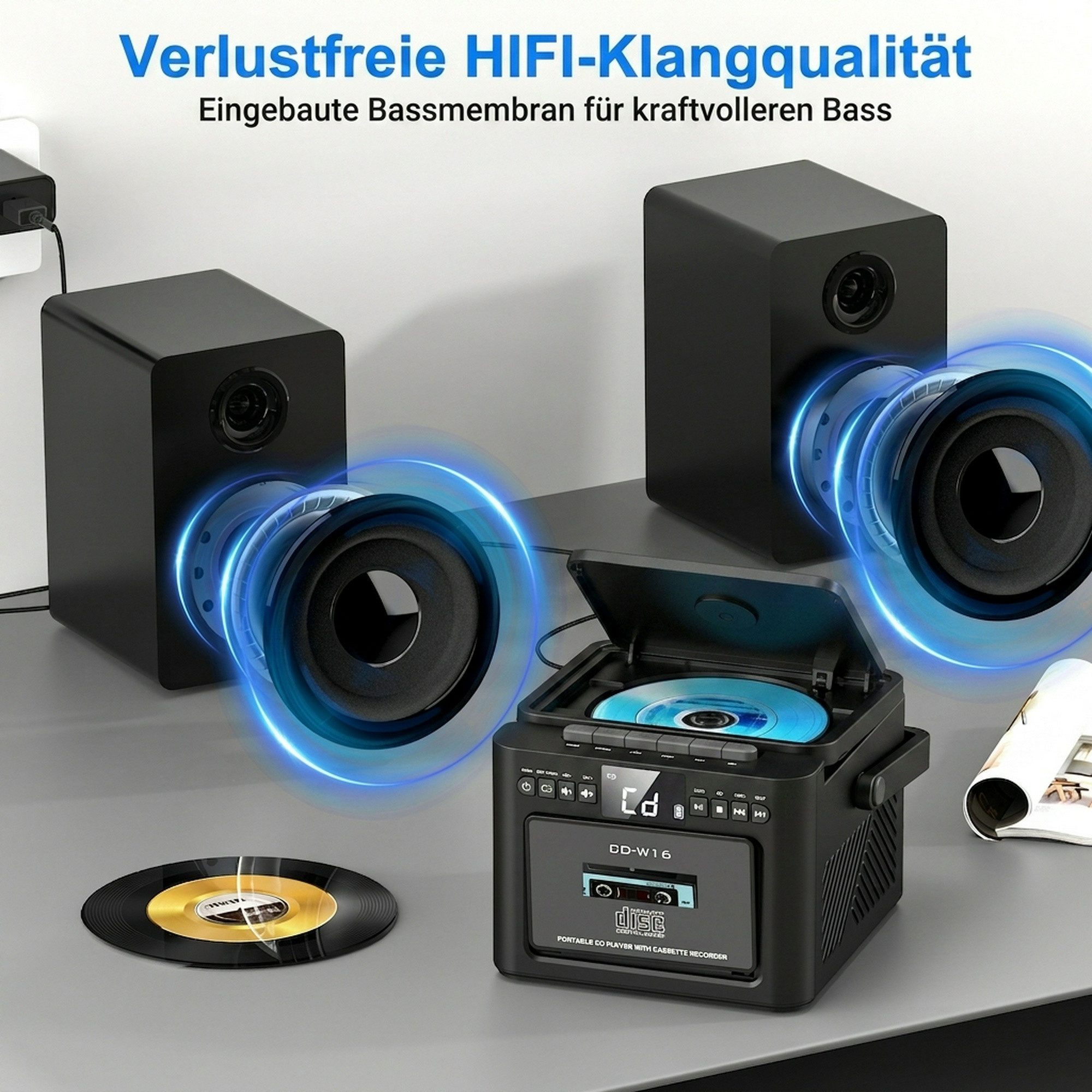 Greadio W18 Heimstereoanlage, 40W, mit CD-Player und Kassettenrekorder Stereoanlage (Bluetooth 5.1, FM-Radio, USB, TF, AUX, Fernbedienung, Hi-Fi, Schwarz)