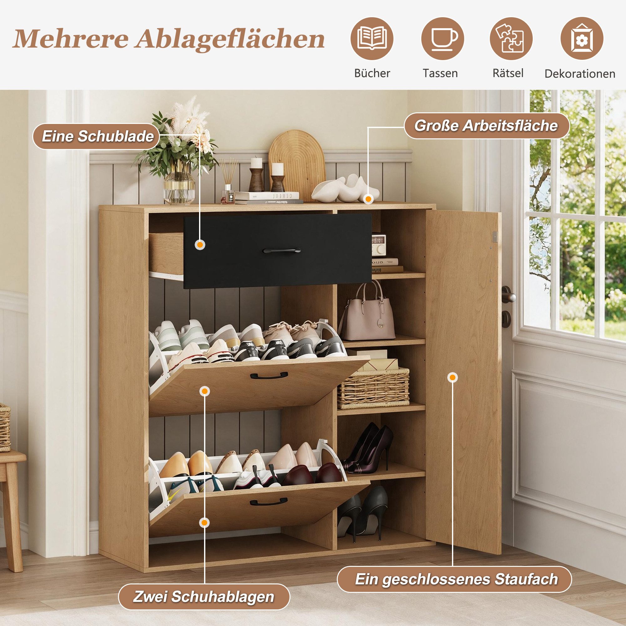 Merax Schuhschrank Naturholzoptik mit Schwarz, schmaler Schuhkipper, 100x35x106cm (Schuhaufbewahrung für Flur und Eingangsbereich, 1-St) Schuhschrank mit 2 Klap – Bild 4 von 5