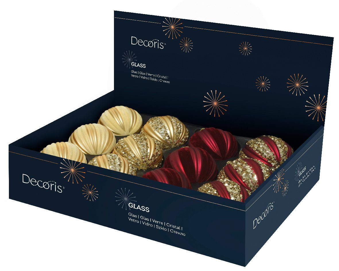 Decoris season rot mit Glas Set decorations Streifen Weihnachtskugeln Pailletten gold, 8cm Weihnachtsbaumkugel, / 12er