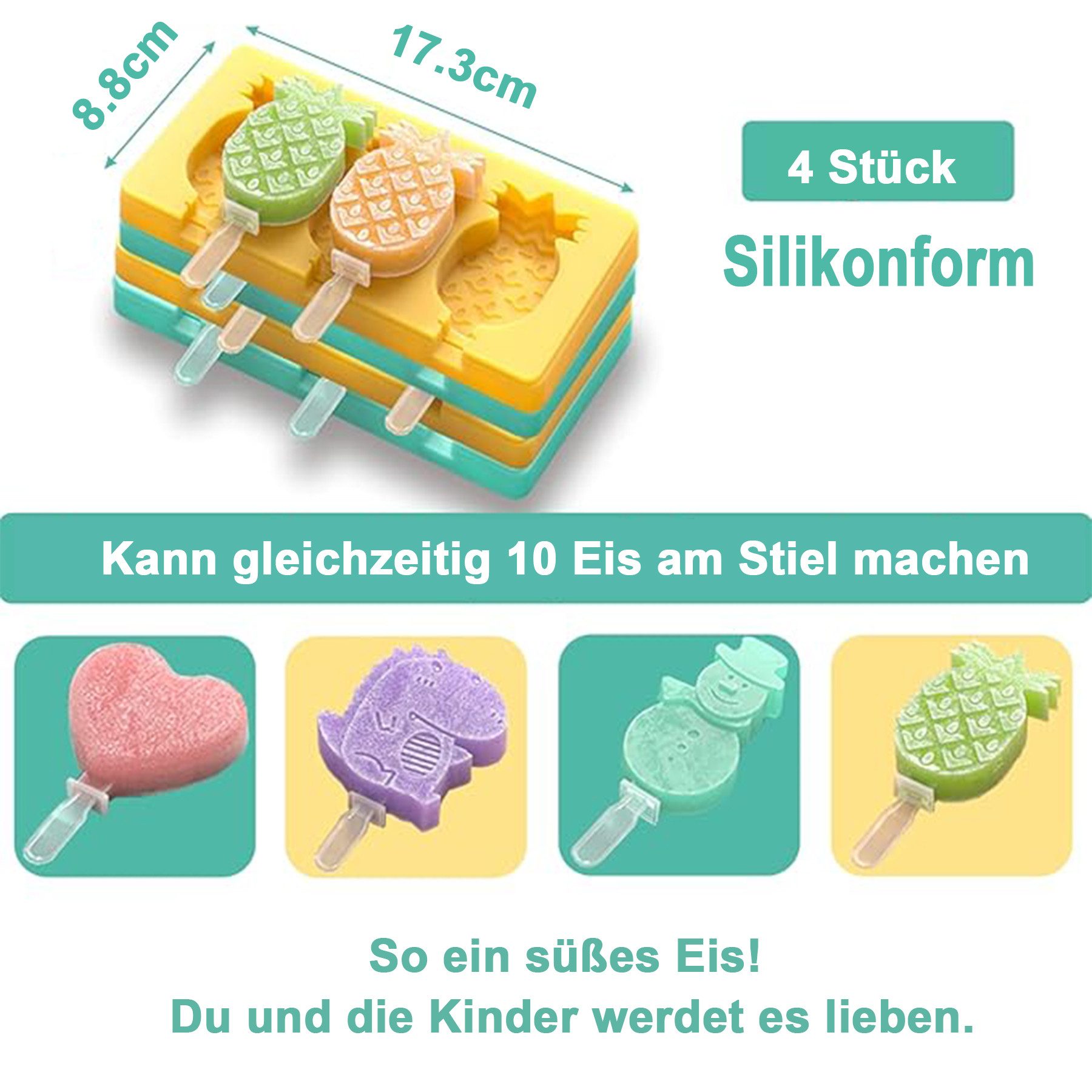 Mutig Eisform Eisformen Kinder Silikon, 4 Stück Eisformen Eis am Stiel Silikon, (DIY Eis am Stiel Formen, wiederverwendbar 4-tlg), BPA Frei, Ice Lolly Mold Popsicle Set für Kinder und Erwachsene