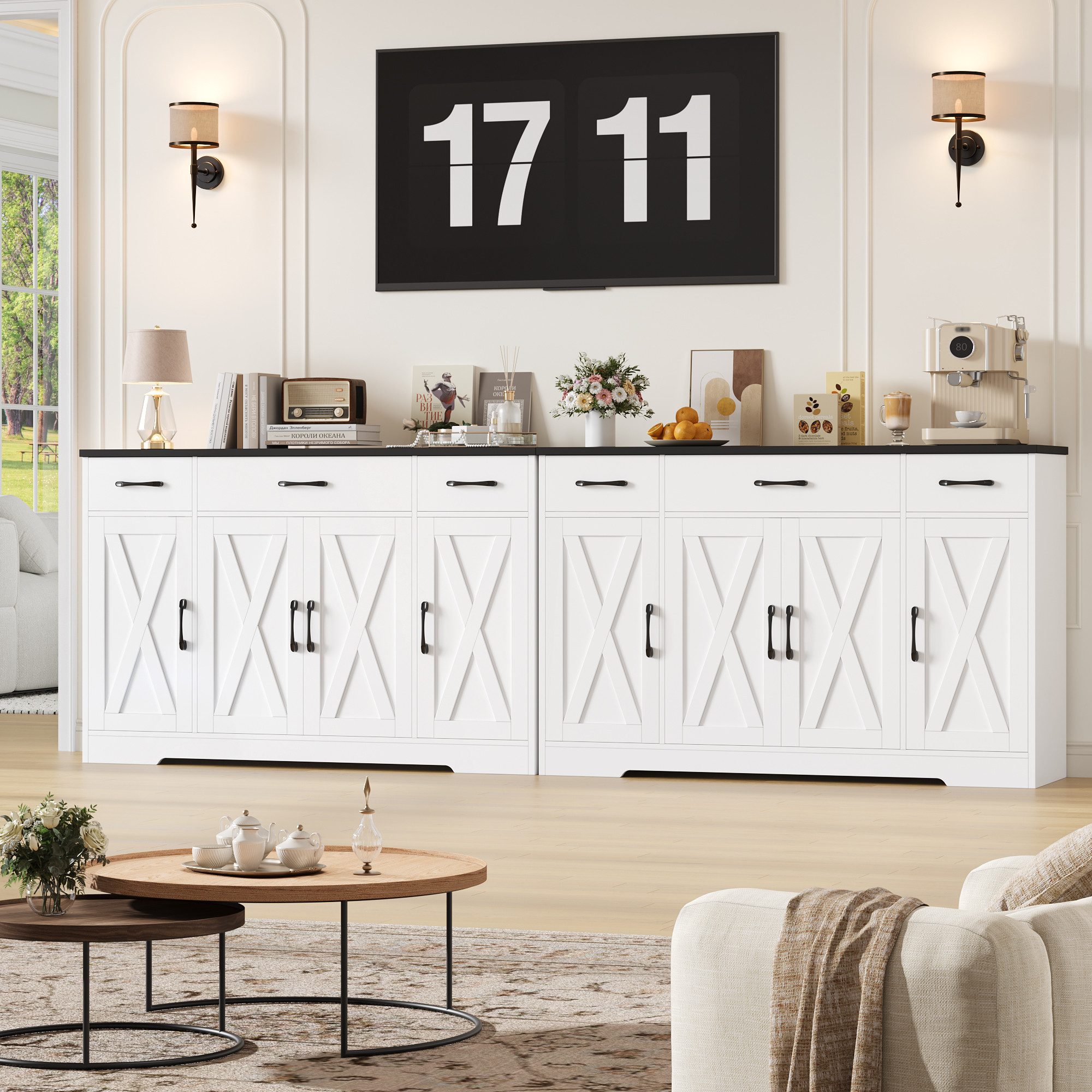 HOMECHO Sideboard, 140cm Breite Küchenschrank 3 Schubladen 4 Türen, Verstellbaren Regalen