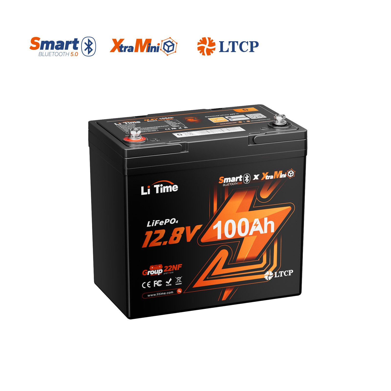 LiTime LiTime 12V 100Ah Xtra Mini LiFePO4 Batterie mit Bluetooth Solarakkus (12 V), PV Stromspeicher für Camper Boot Inselanlage