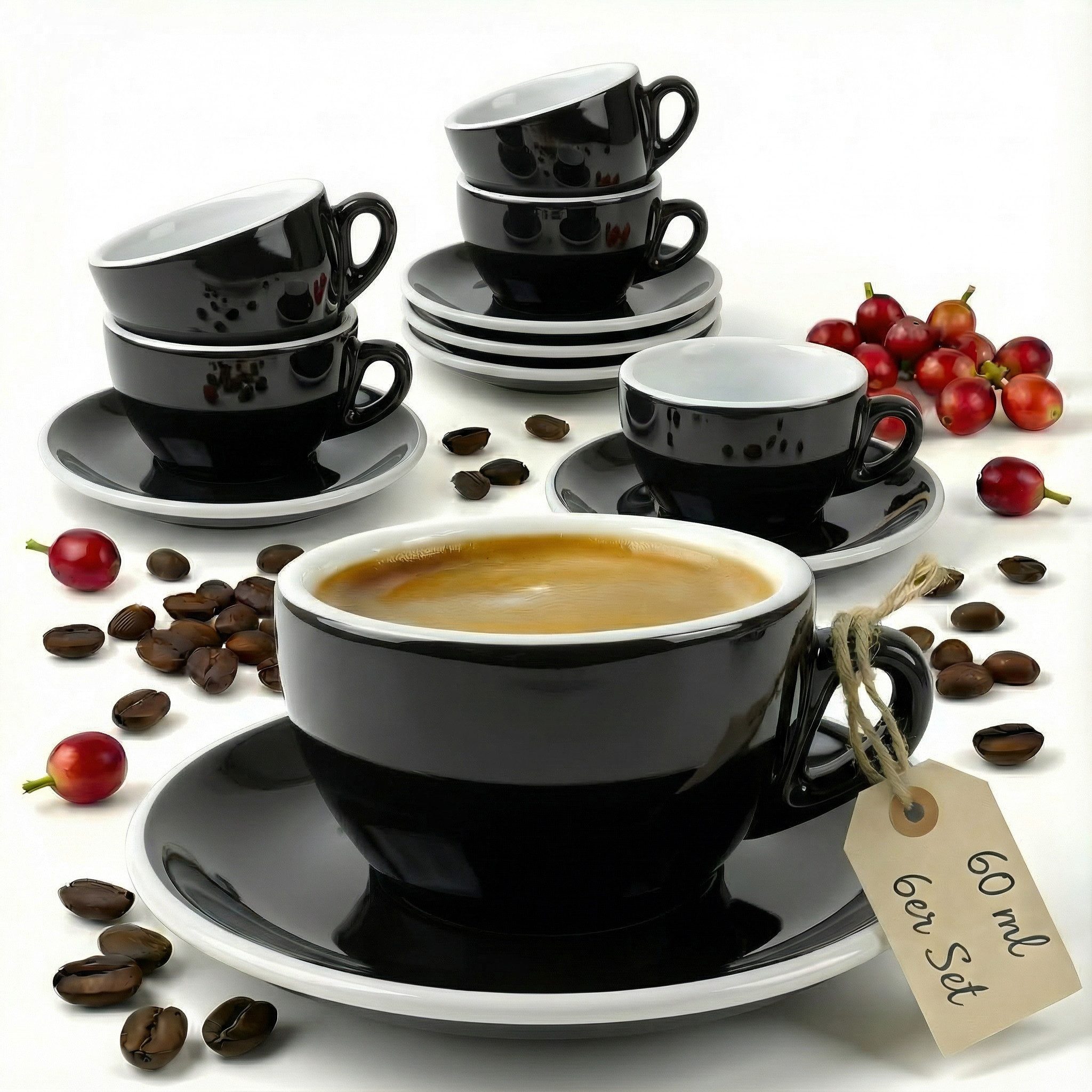 MUVELL Espressotasse Espressotassen Set 6 Tassen & Untertassen 0,8 cm dickwandig, 6-tlg., Keramik, 60 ml schwarz mit weißen Rand und Innenfläche