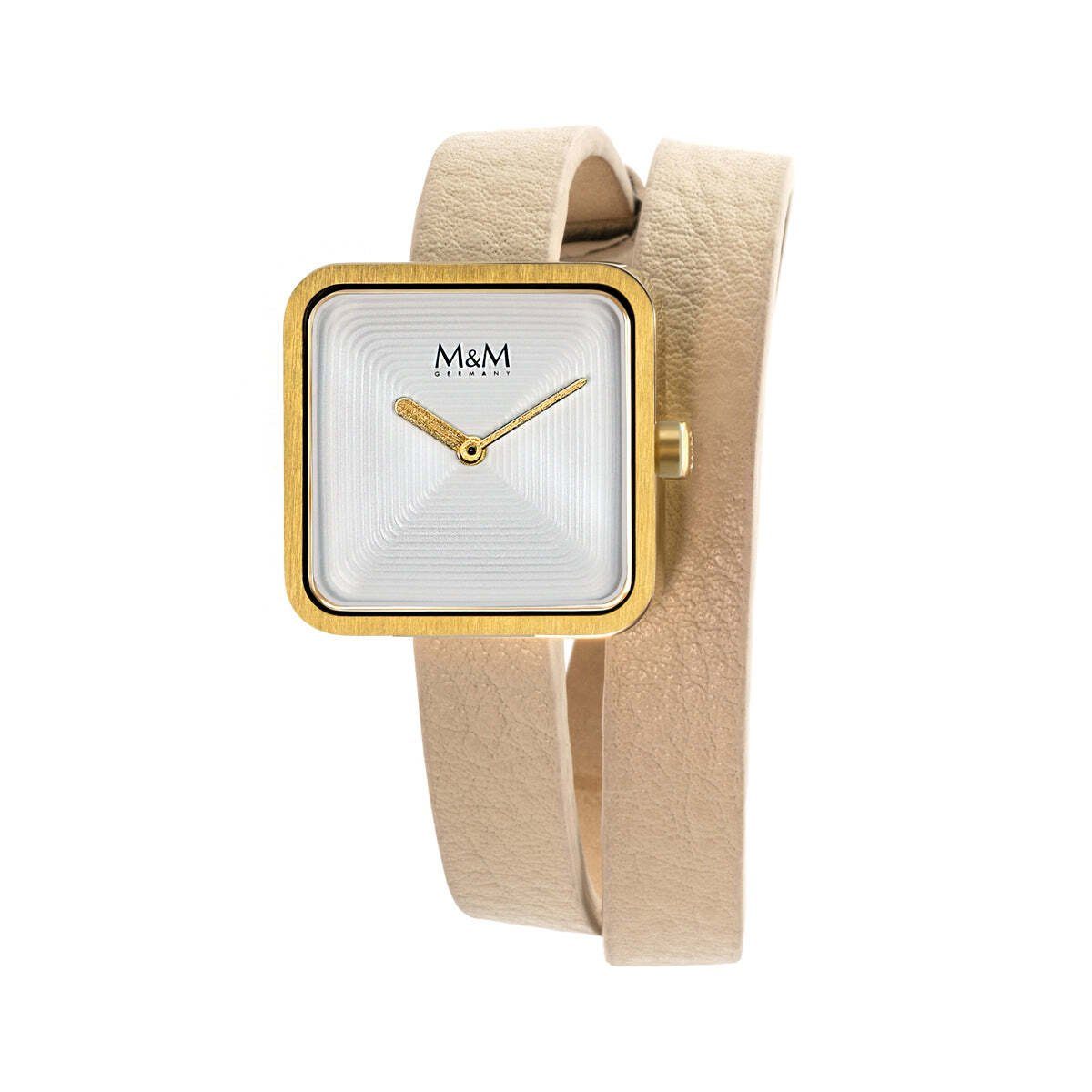 M&M Quarzuhr Armbanduhr Damen Leder Mini Square, (1-tlg), Analoguhr, Damenuhr mit Lederarmband eckig, Designer Uhr, deutsche Manufaktur, inkl. edles Etui Zifferblatt gold, Armband creme, Gehäuse IP gold matt