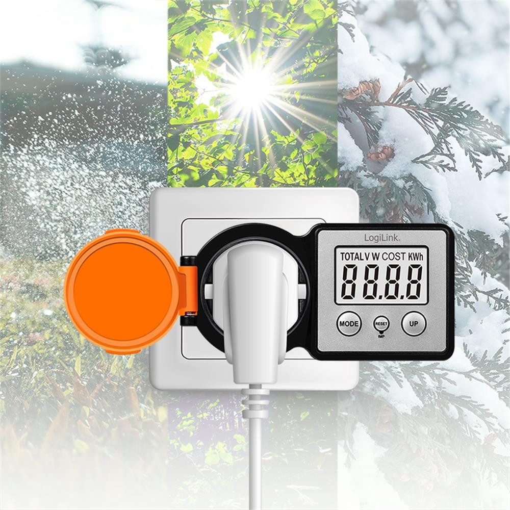 LogiLink Energiekostenmessgerät EM0007 Außensteckdose mit Energiekostenmesser, 2 " Display, Outdoor-Messgerät, IP44, LCD, Kostenanzeige, 3600 W, Alltag